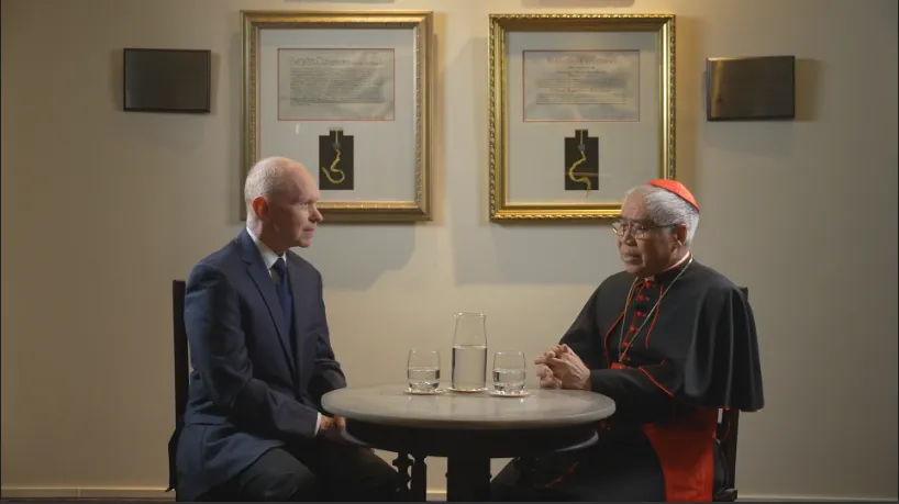 Cardinal William Goh sits down with Matthew Bunson, vice president and editorial director of EWTN News, on April 19, 2024. Credit: Sean Boyce/EWTN News