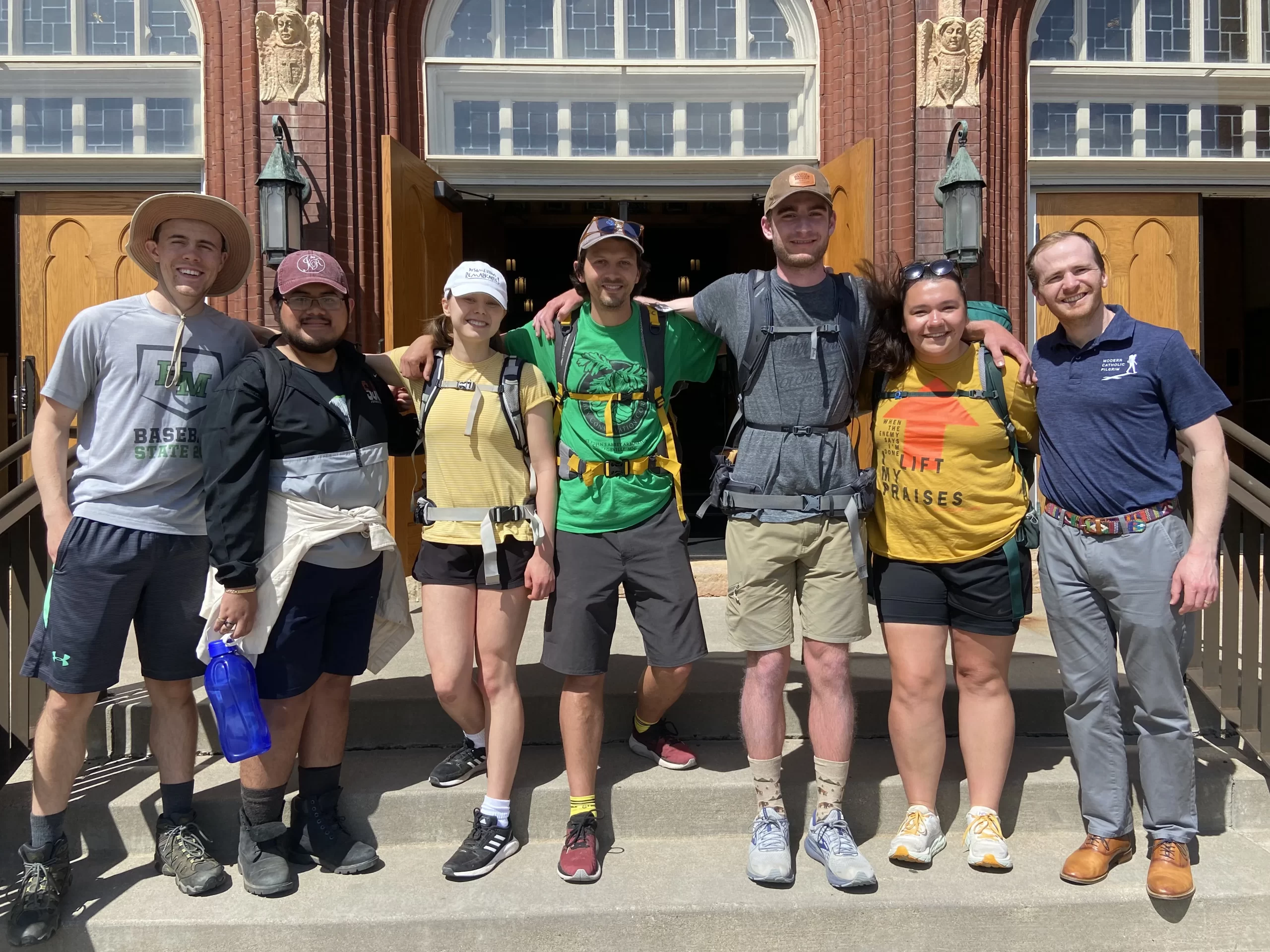 Will Peterson (far right), founder of Modern Catholic Pilgrim, poses with a group of pilgrims. Courtesy of Will Peterson