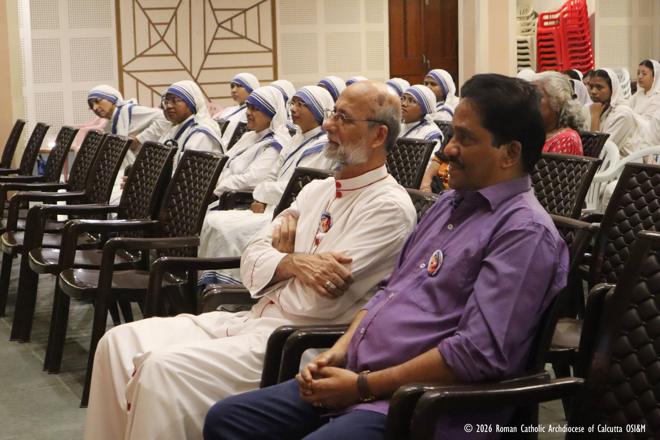 Archbishop Elias Frank of Kolkata, India, sits beside journalist and author Anto Akkara during the premiere of the new documentary “Mother Teresa — Prophet of Compassion” at the Auditorium of St. Xavier’s College on Sept. 5, 2026. | Credit: Farrell Shah, communications director, Calcutta Archdiocese