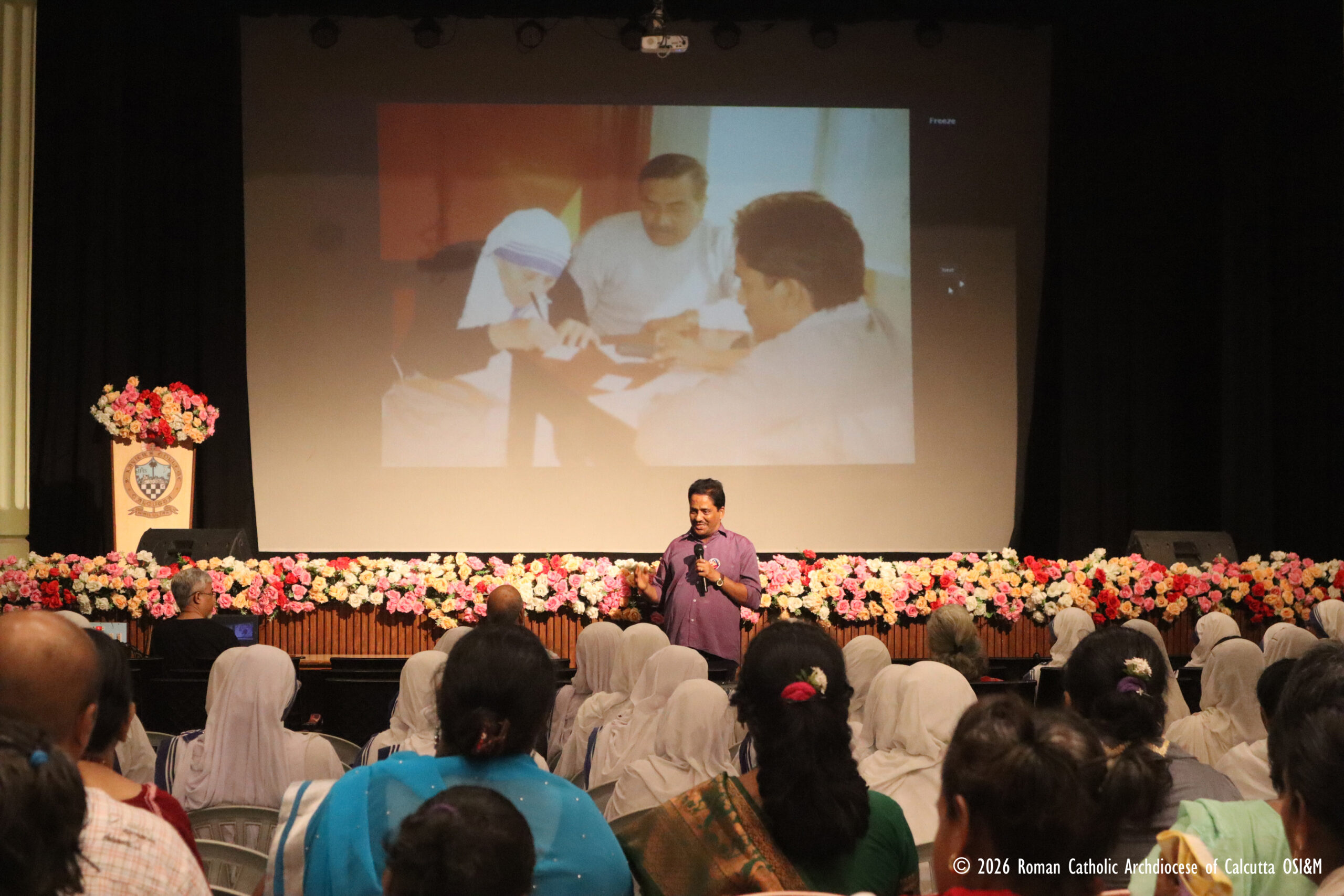 Journalist and author Anto Akkara speaks at the premiere of his new documentary, “Mother Teresa — Prophet of Compassion,” at the auditorium of St. Xavier’s College on Sept. 5, 2026, hosted by the Archdiocese of Kolkata. | Credit: Farrell Shah, communications director, Calcutta Archdiocese