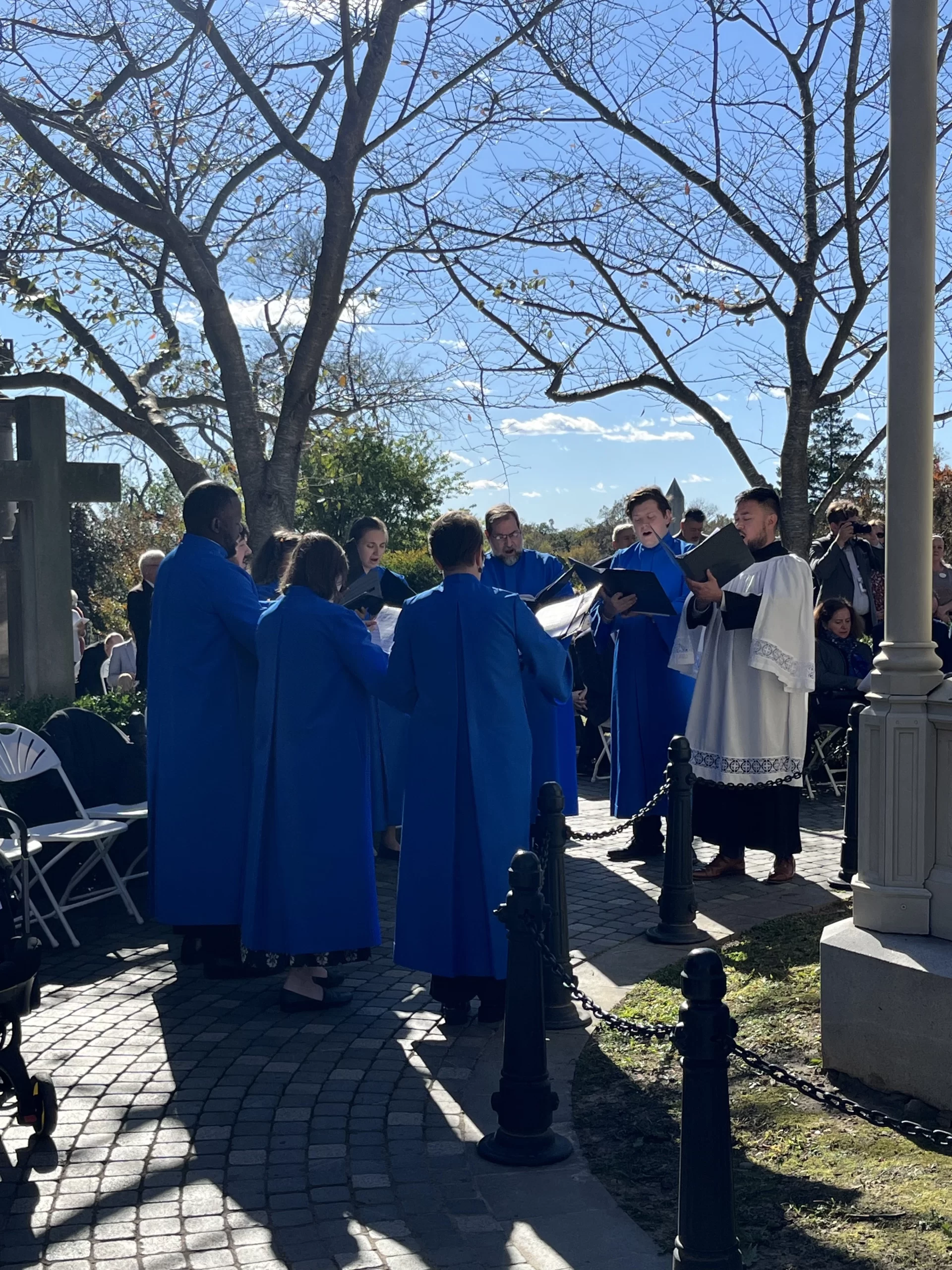 A choir from the Cathedral of the Sacred Heart performs during the reinterment of Eliza Monroe Hay at Hollywood Cemetery in Richmond, Virginia, on Thursday, Oct. 23, 2025. Credit: Daniel Payne/CNA