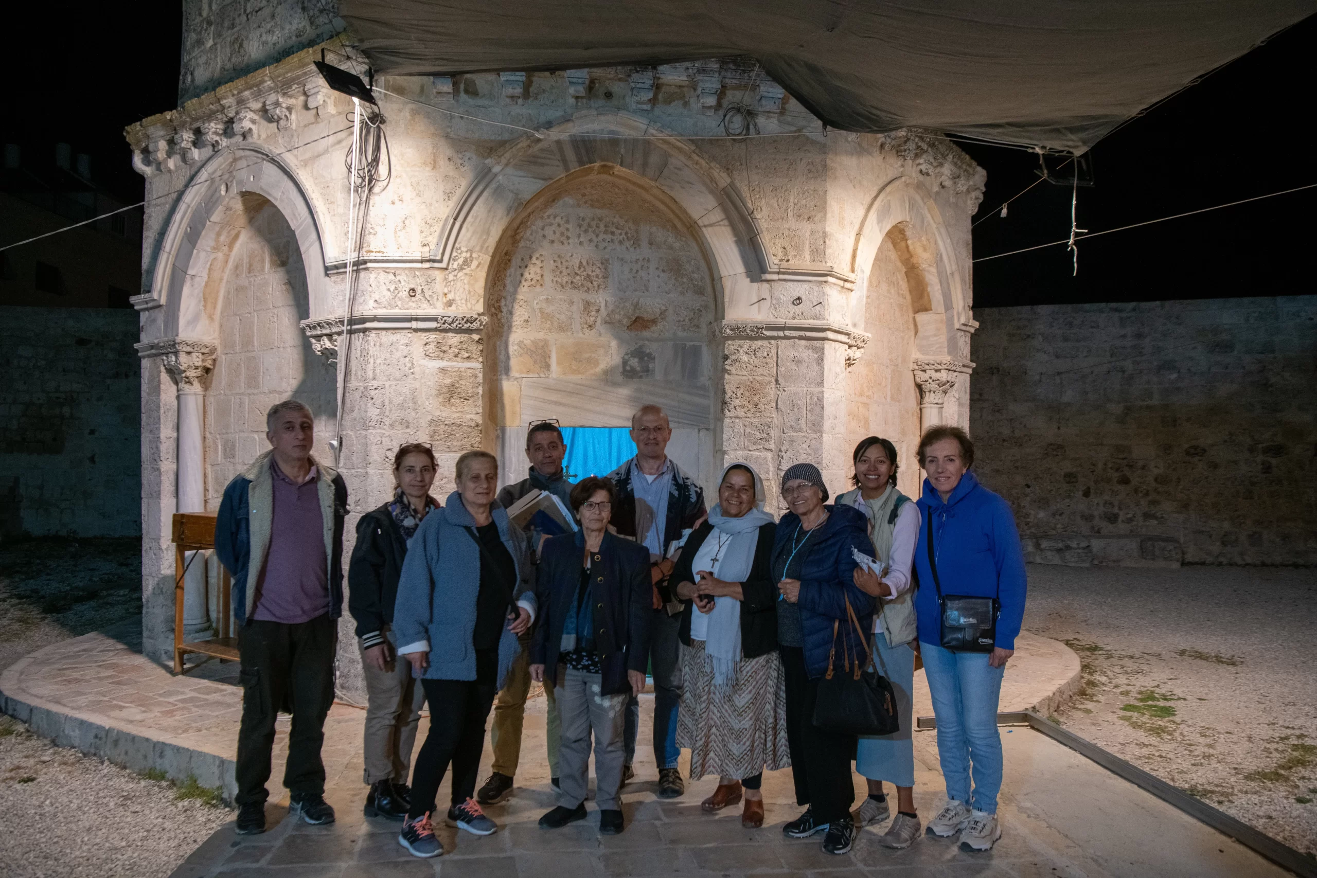 A group of faithful from the Latin parish of Jerusalem at the end of the recitation of first vespers of the Ascension solemnity organized by the Latin parish of Jerusalem in the Chapel of the Ascension on the Mount of Olives on May 8, 2024. Credit: Marinella Bandini
