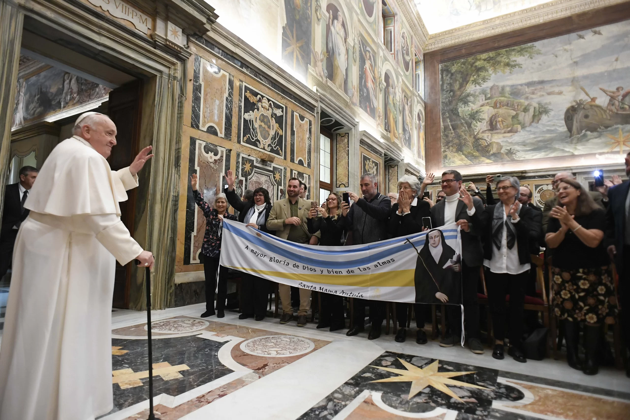 Pope Francis meets with Argentine pilgrims on Feb. 9, 2024, ahead of the historic canonization of the county’s first female saint on Sunday, Feb. 11, 2024. Credit: Vatican Media