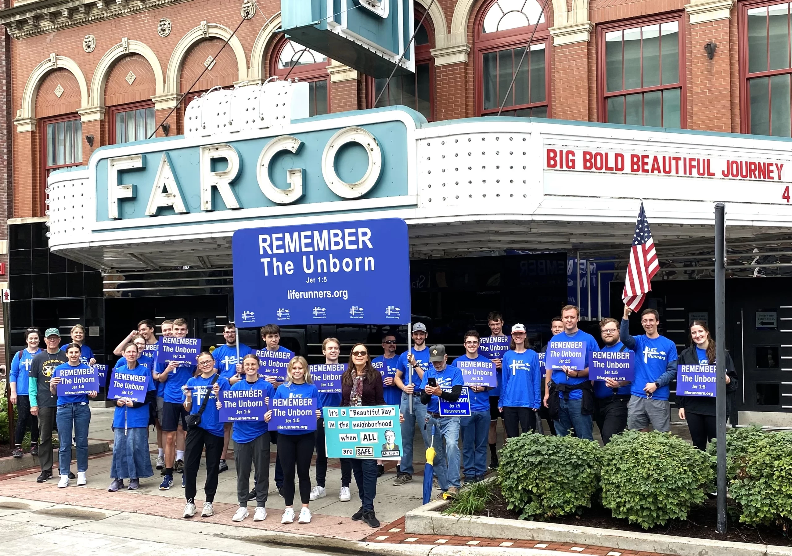 The North arm kickoff of the A-Cross America Relay in Fargo, North Dakota. NDSU Newman Center students helped launch the north arm with a 2.7 mile prayerful witness walk. Credit: Photo courtesy of LIFE Runners.