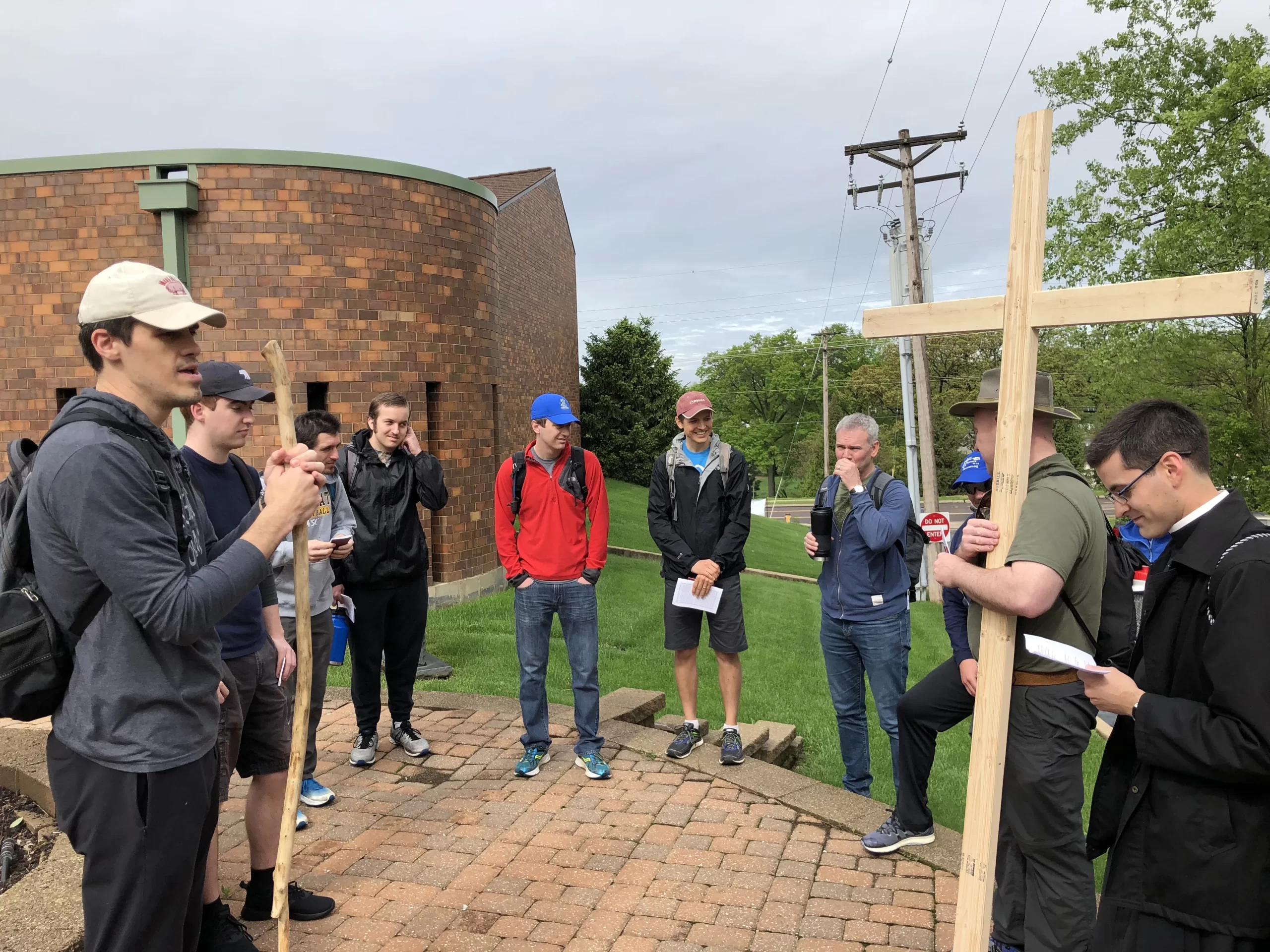 Founder Gabe Jones, left, speaks to participants at the commencement of the Joseph Challenge Pilgrimage in May 2019. Credit: Jonah McKeown/CNA