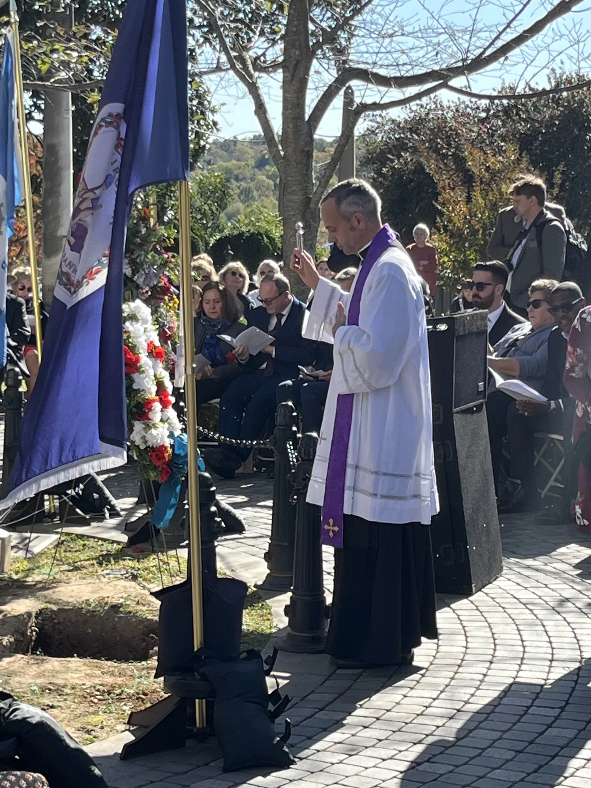 Father Tony Marques blesses the grave of Eliza Monroe Hay during her reinterment at Hollywood Cemetery in Richmond, Virginia, on Thursday, Oct. 23, 2025. Credit: Daniel Payne/CNA