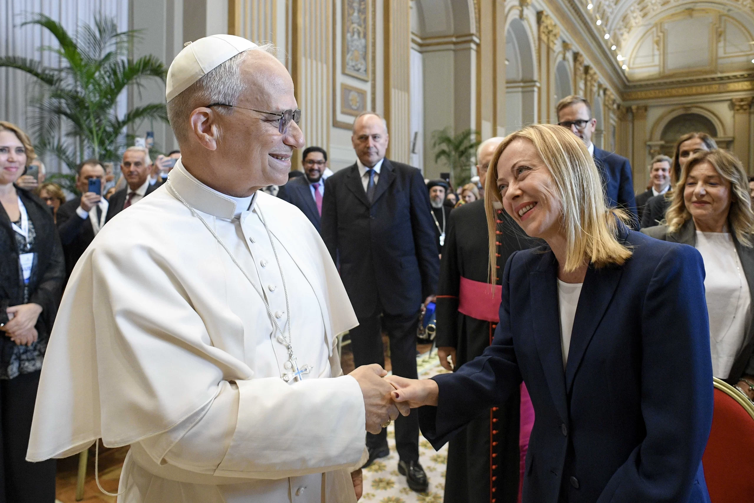 Italian Prime Minister Giorgia Meloni, pictured here greeting Pope Leo XIV, was among the leaders from 68 countries gathered at the Vatican for the Jubilee of Governments. Credit: Vatican Media