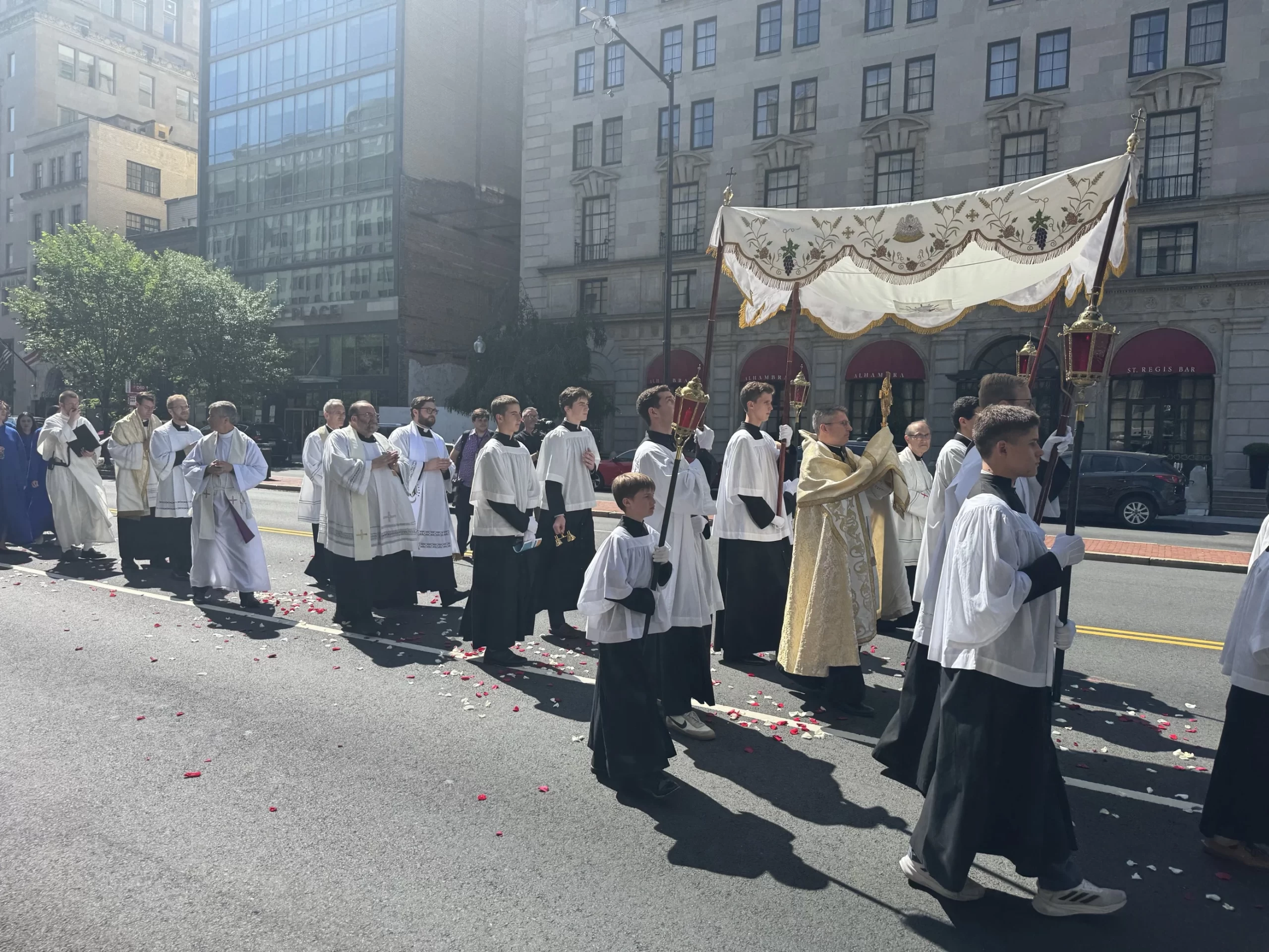 The Blessed Sacrament is held aloft during a Eucharistic procession through Washington, D.C., Saturday, May 17, 2025. Credit: Tessa Gervasini