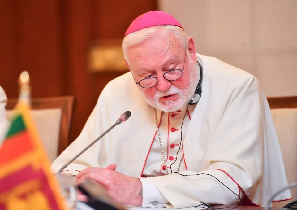 Archbishop Paul Richard Gallagher, the Vatican’s secretary for relations with states and international organizations, speaks at a press conference on Nov. 4, 2025, in Colombo. Credit: Santosh Digal