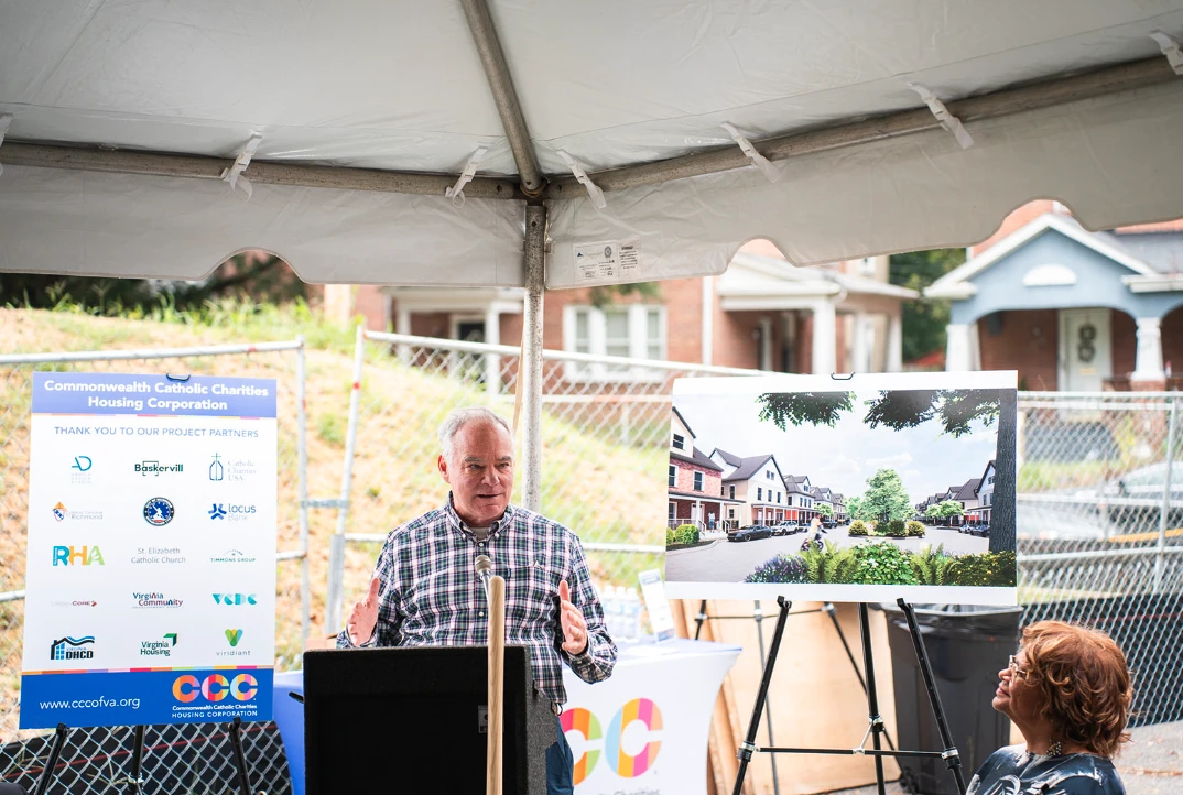 U.S. Sen. Tim Kaine speaks at a groundbreaking ceremony for Greenway Village at St. Elizabeth's Parish in Richmond, Virginia, on Sunday, Sept. 21, 2025. Credit: Mary Romanello/Romanello Photography