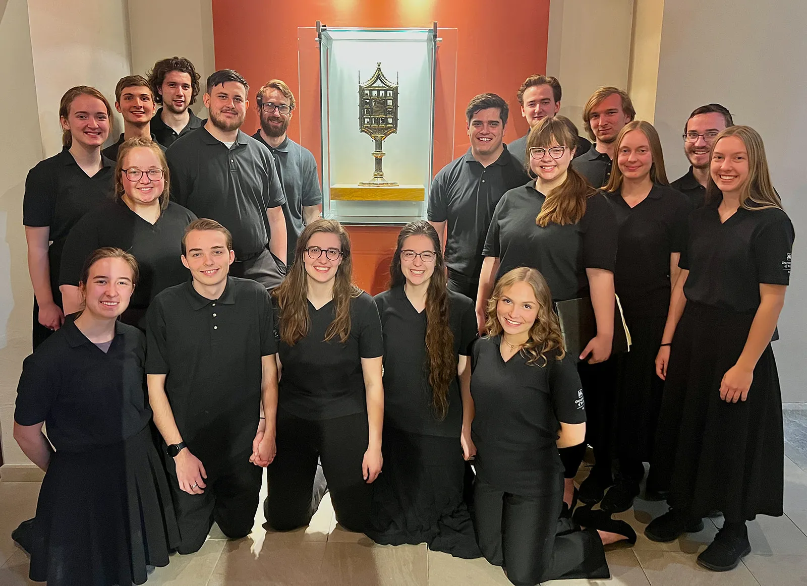 Capella students with a relic of the Eucharistic miracle in Ivorra, Spain. Credit: Photo courtesy of Rebecca Raber