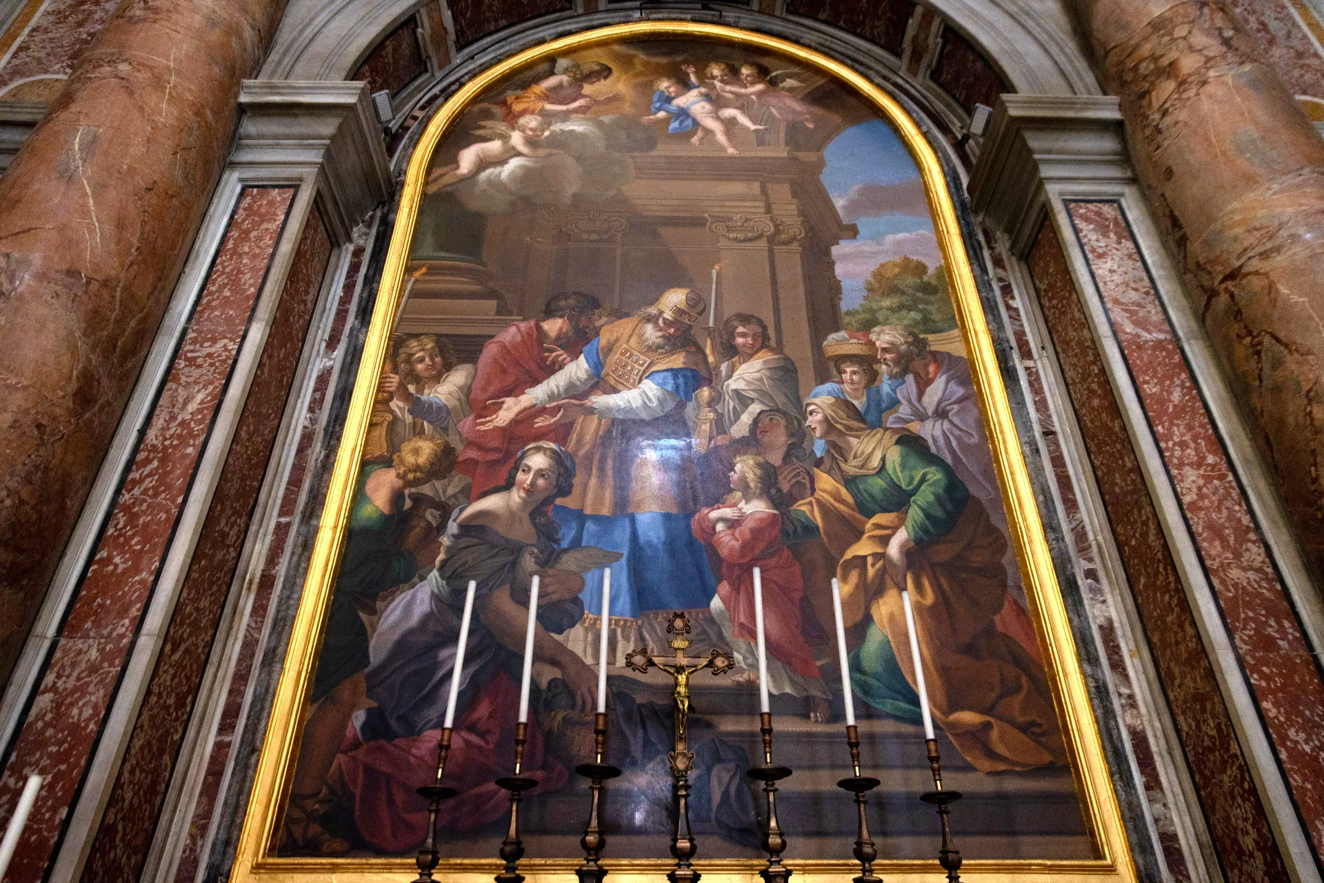 A mosaic altarpiece of the Presentation of the Virgin Mary in the Temple can be found above the tomb of Pope St. Pius X near the left-front entrance of the basilica. Daniel Ibañez/CNA