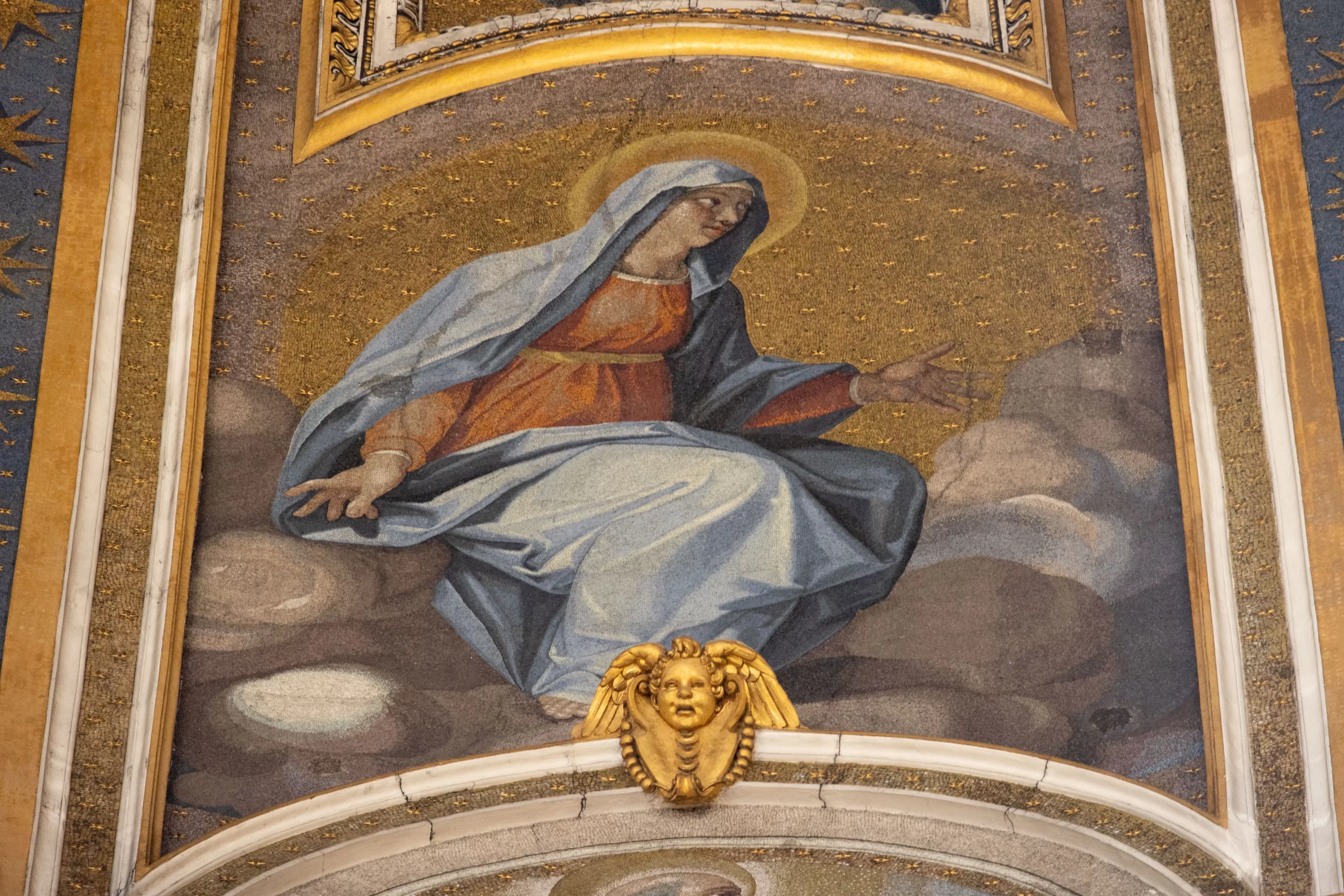 The mosaics decorating the interior dome of St. Peter's Basilica depict the Blessed Virgin Mary next to Christ the Redeemer and the Apostles. Daniel Ibañez/CNA