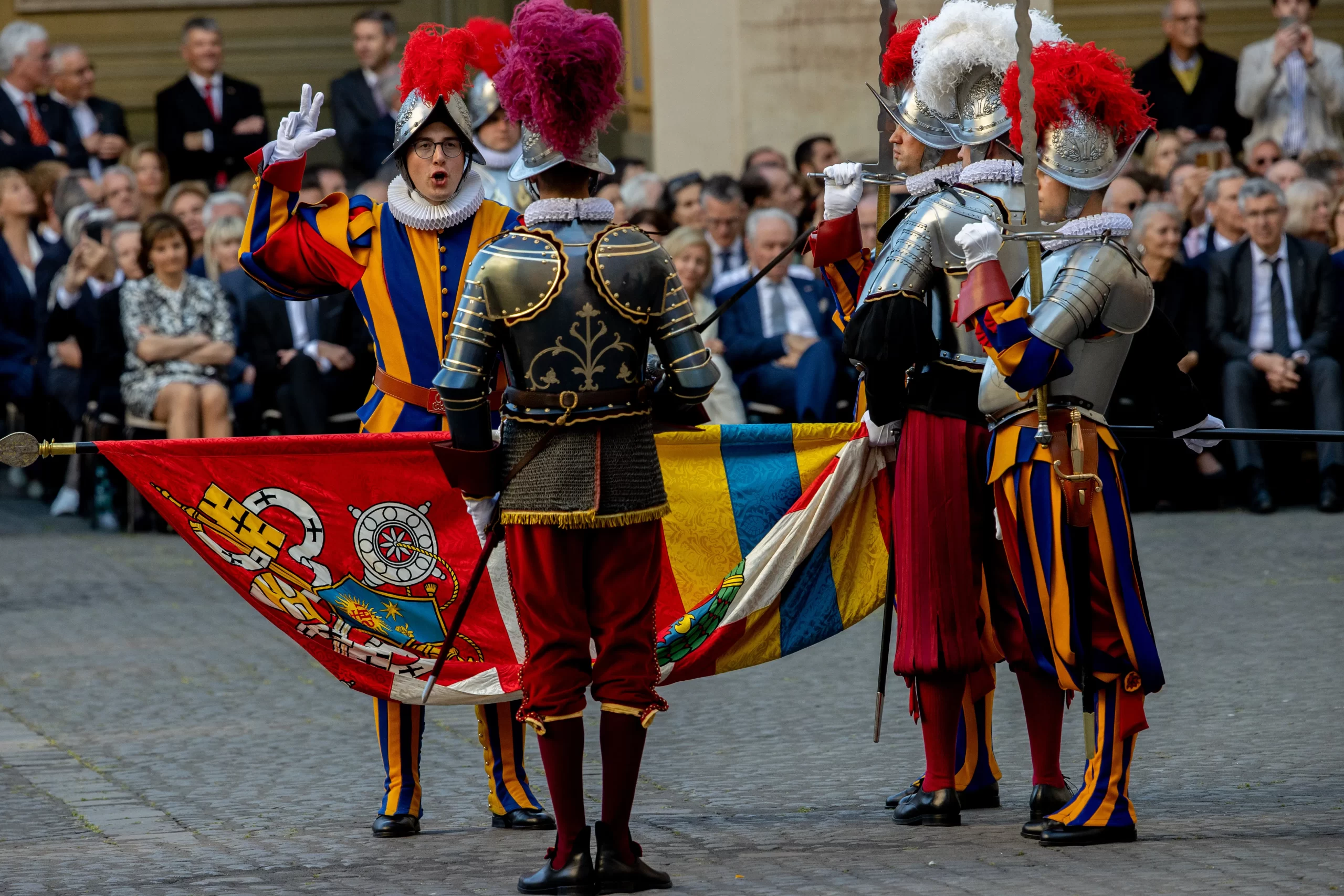A new Swiss Guard swears to “faithfully, loyally and honorably serve the reigning Pontiff” during a ceremony on May 6, 2023. Daniel Ibanez/CNA