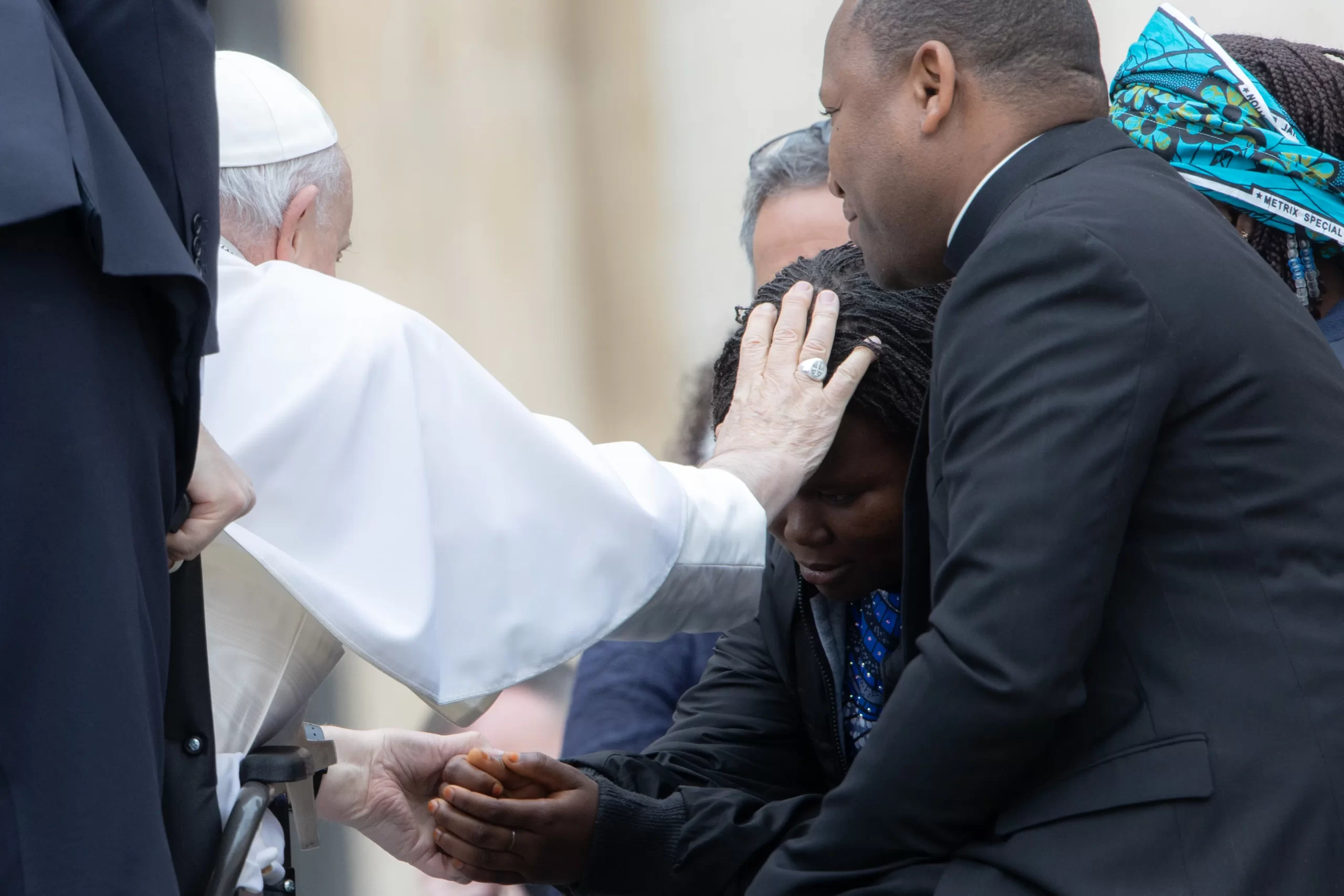 Maryamu Joseph with Pope Francis at the general audience on March 8, 2023. Credit: Daniel Ibañez/CNA