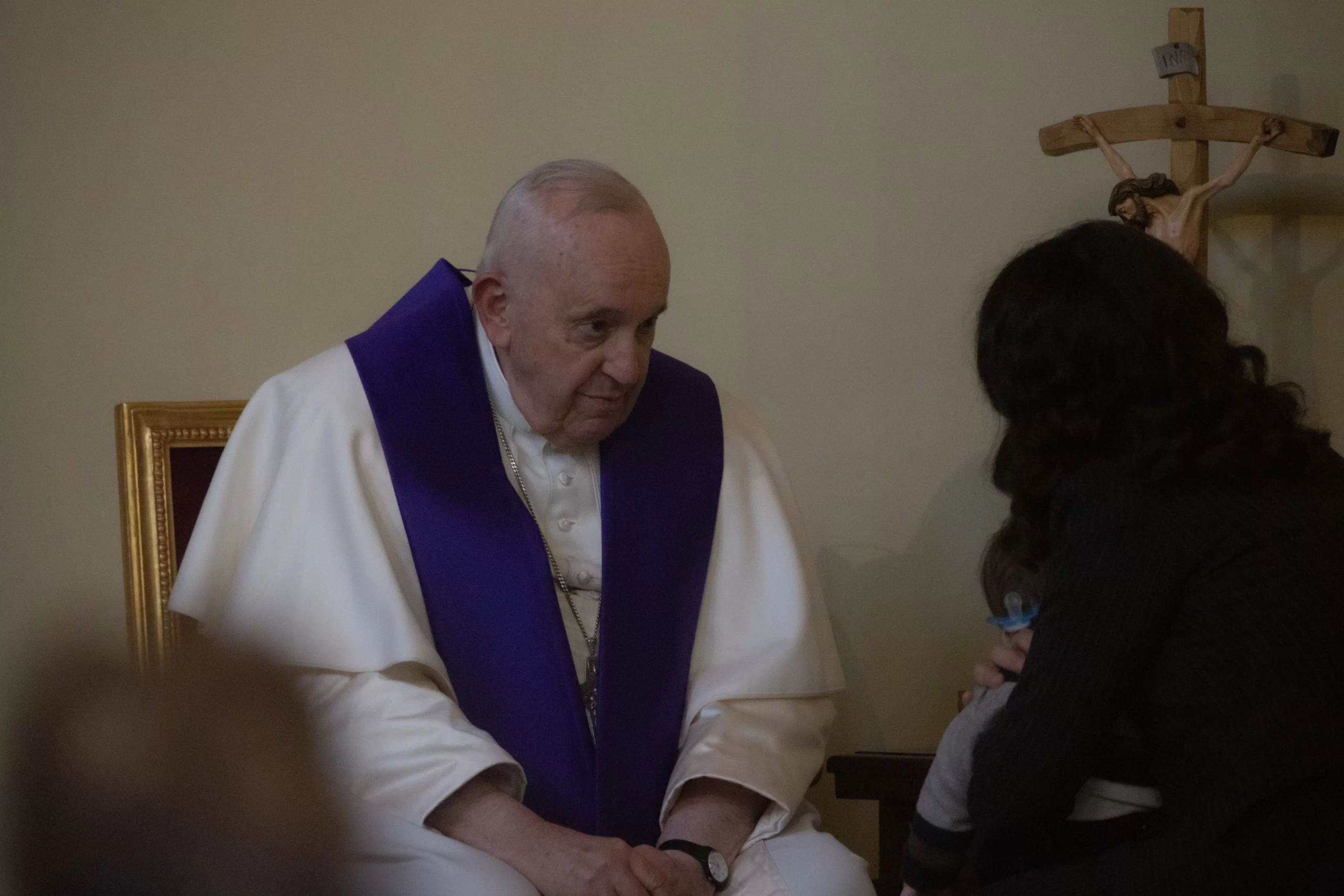 Pope Francis hears confessions at the Church of Santa Maria delle Grazie al Trionfale in Rome on Friday, March 17, 2023. Credit: Daniel Ibañez/CNA