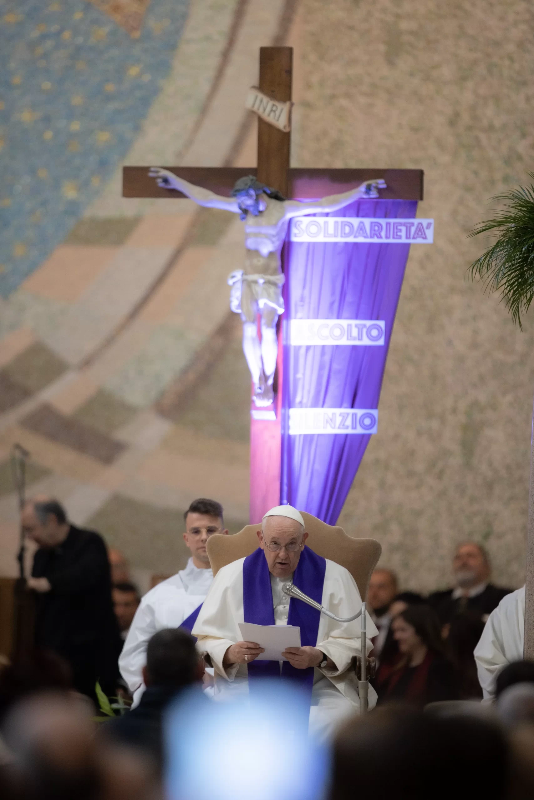 Pope Francis encouraged people to remember that God “holds out his hand and lifts us up whenever we realize that we are ‘hitting rock bottom’” at the Church of Santa Maria delle Grazie al Trionfale in Rome on Friday, March 17, 2023. Credit: Daniel Ibañez/CNA