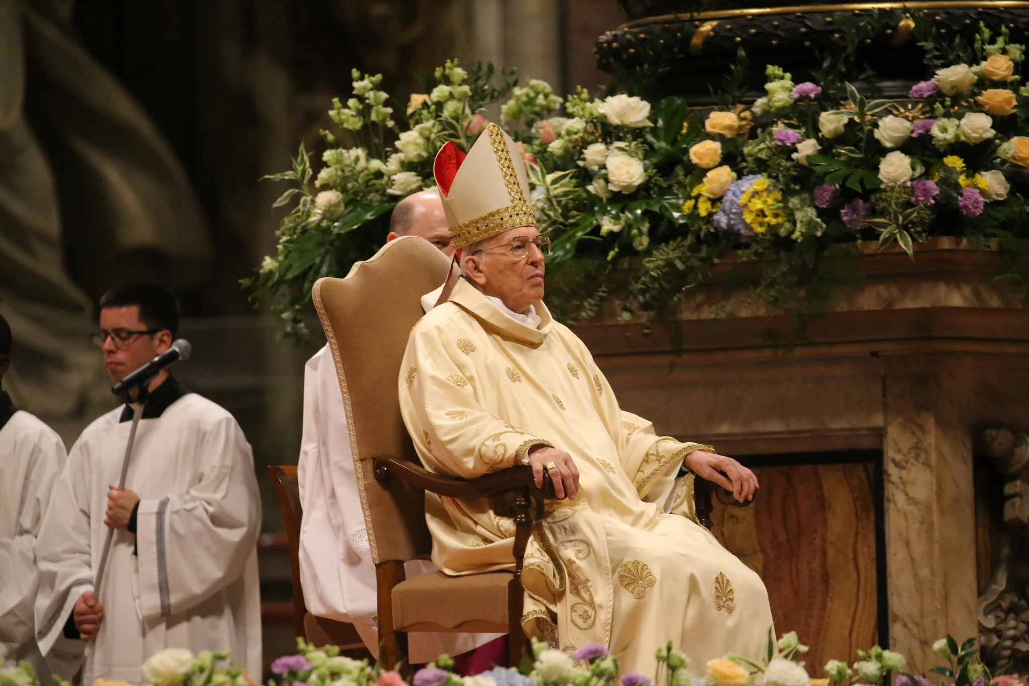 Cardinal Giovanni Battista Re presides over the Easter Vigil at St. Peter's Basilica at the Vatican, Saturday, April 19, 2025. Credit: Zosia Czubak