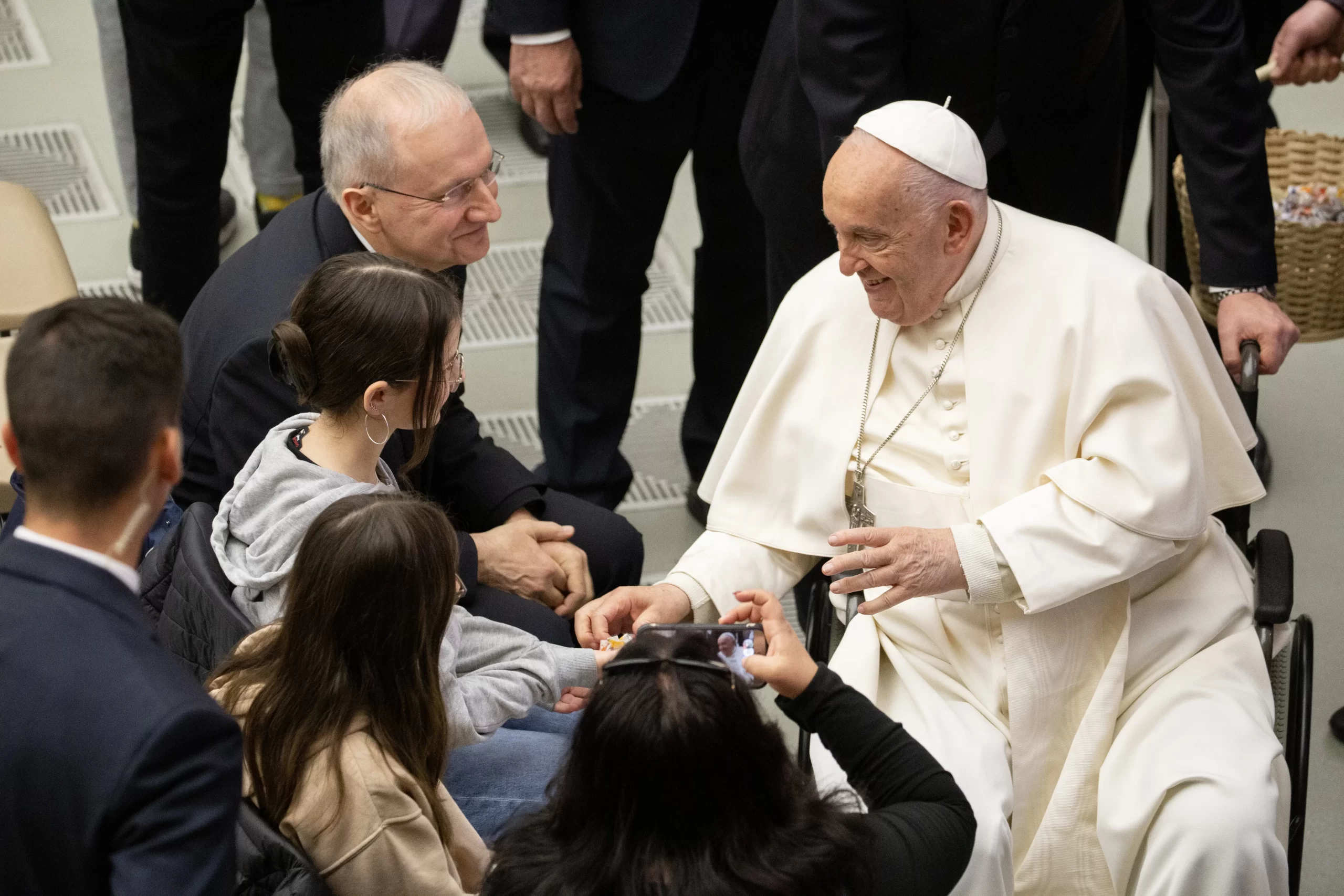 Pope Francis greets pilgrims attending his weekly general audience in the Paul VI Audience Hall on May 1, 2024. Credit: Elizabeth Alva/CNA
