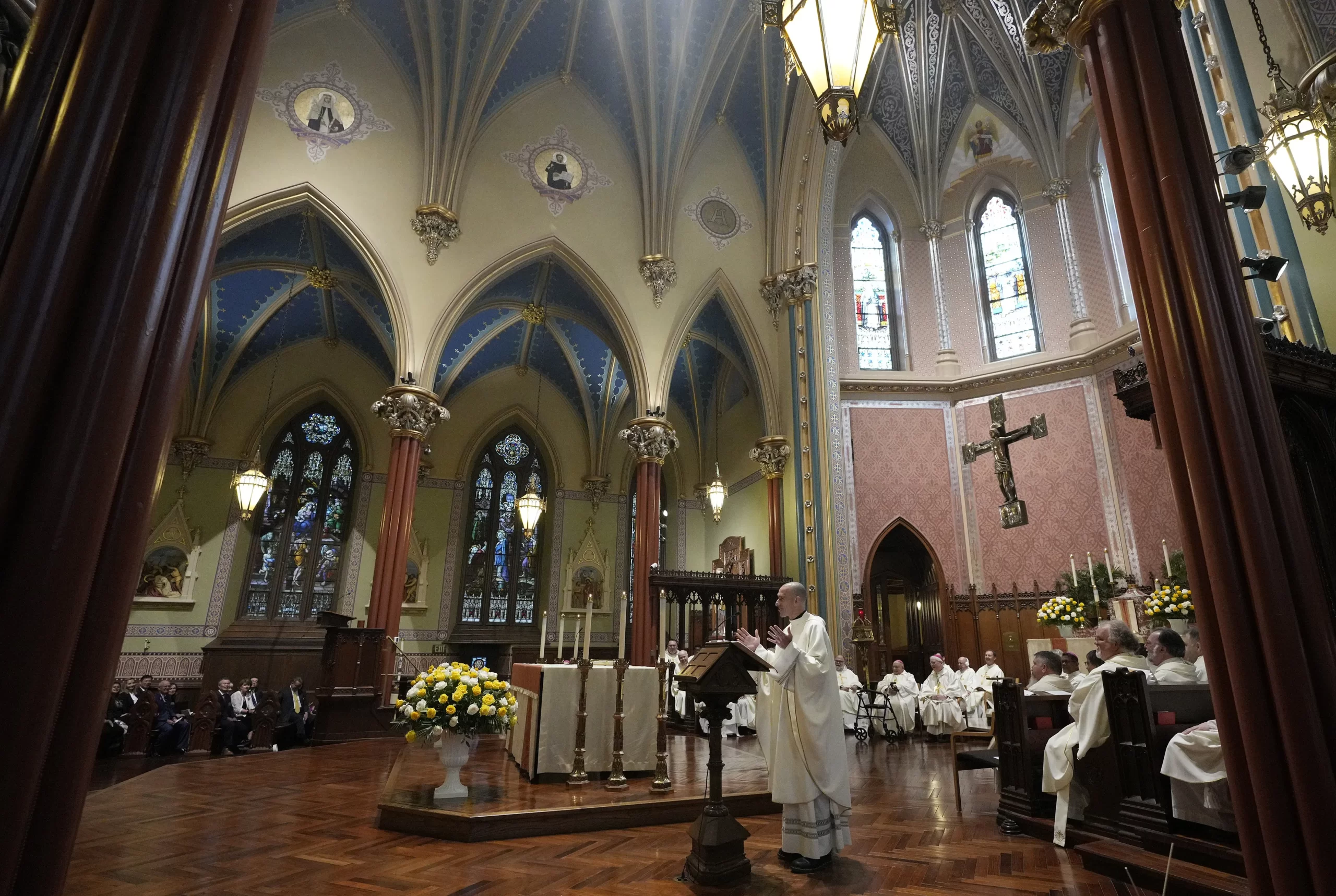 Father Ryan Lerner, moderator of St. Mary’s, announces the formation of the new Blessed Michael McGivney Parish at a Mass celebrated during a meeting of Knights of Columbus state deputies in New Haven, Connecticut, on June 9, 2023. St. Mary’s — birthplace of the Knights of Columbus — is one of seven New Haven Catholic parishes to be merged into the new Blessed Michael McGivney Parish. Paul Haring