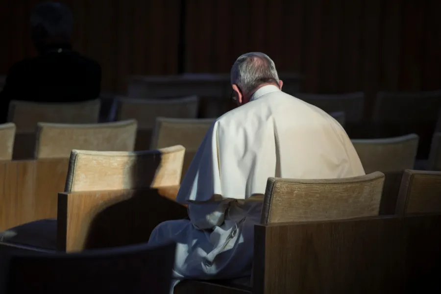 Pope Francis takes part in the Roman Curia’s Lenten retreat in Ariccia, Italy, on March 6-10, 2016. Credit: Vatican Media. 