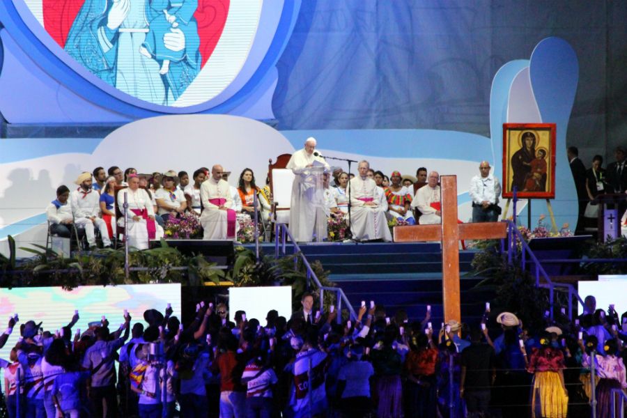 Pope Francis preaches at the Via Crucis during World Youth Day in Panama City, Jan. 25, 2019.  Jonah McKeown/CNA.