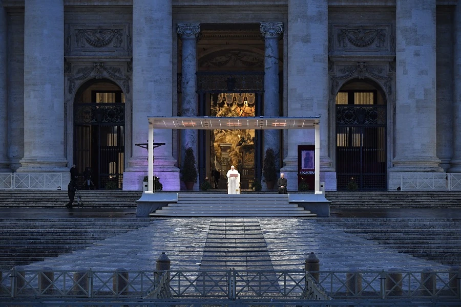 Pope Francis gives an extraordianry urbi et orbi blessing in St. Peter's Square, March 27, 2020. Credit: Vatican Media