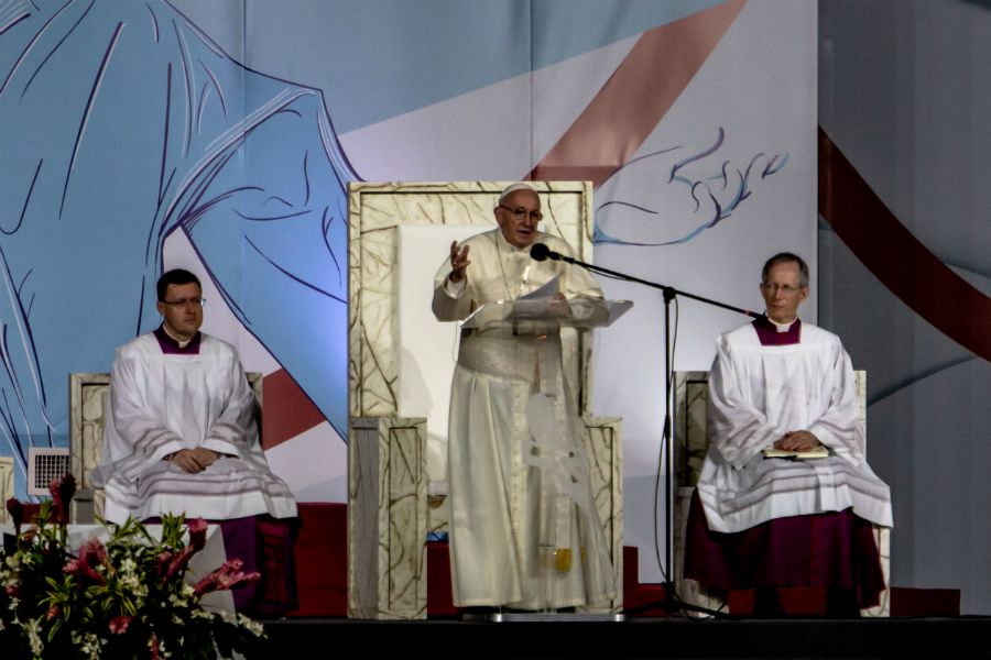 Pope Francis addresses young people during the World Youth Day vigil in Panama City, Jan. 26, 2019. Daniel Ibanez/CNA.