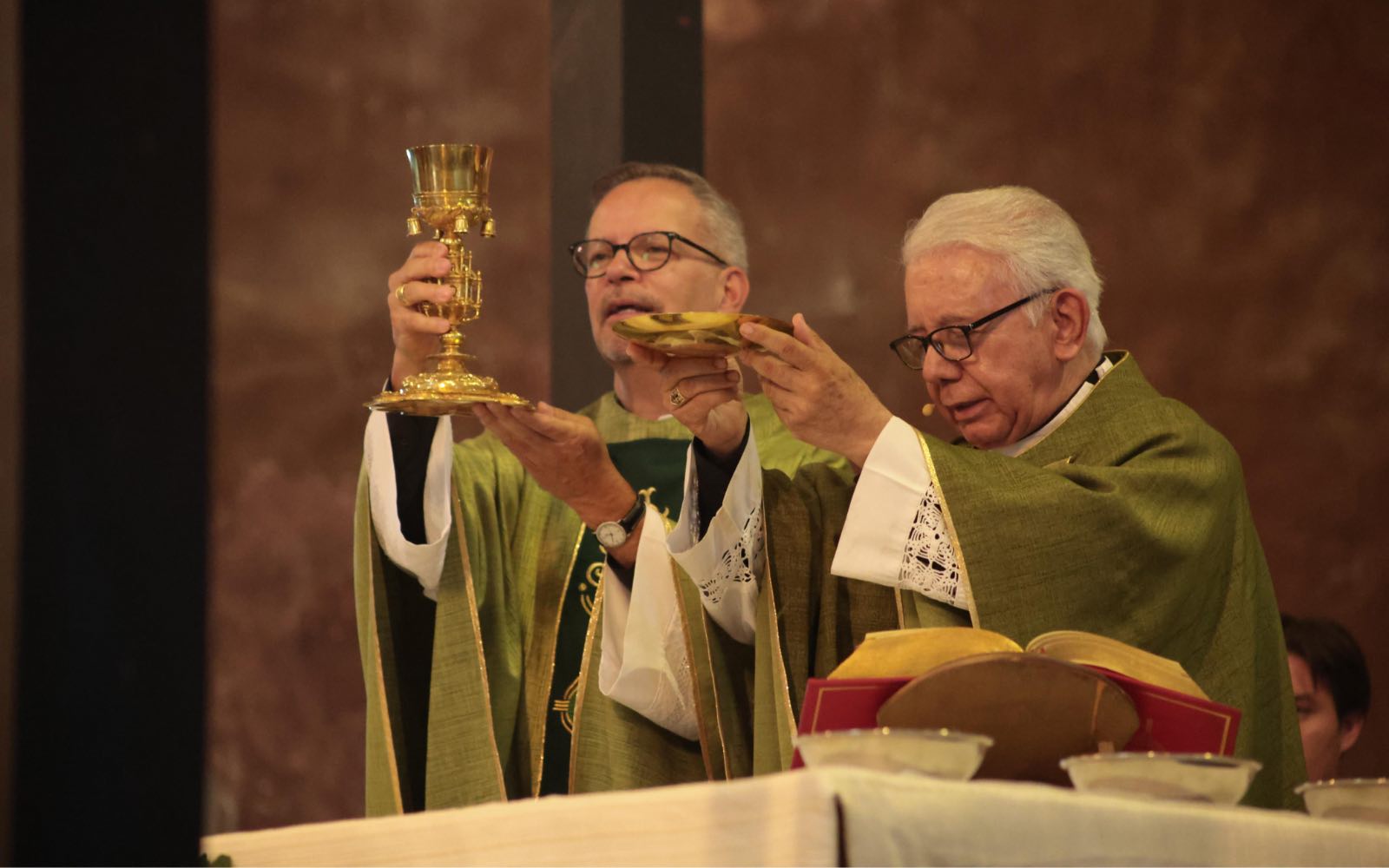 Bishop Ramón Castro Castro of Cuernavaca, Mexico, right, and Bishop Pierre Goudreault of Sainte-Anne-de-la-Pocatière, Canada, pray during the consecration at the Cuernavaca Cathedral on Aug. 30, 2026. | Credit: Photo courtesy of the Diocese of Cuernavaca