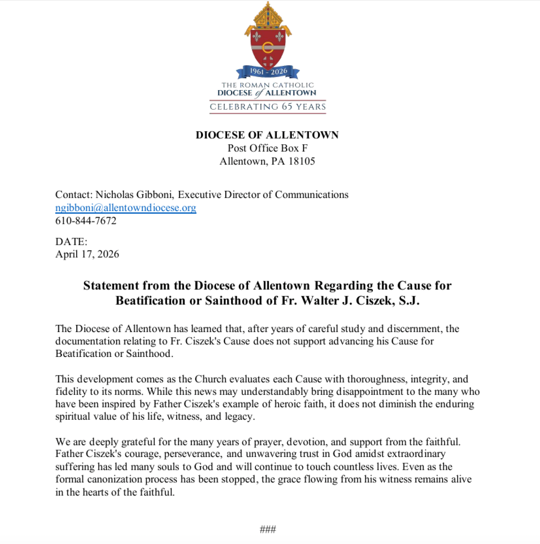 The Diocese of Allentownʼs statement on Father Walter Ciszekʼs cause, shared with EWTN News.