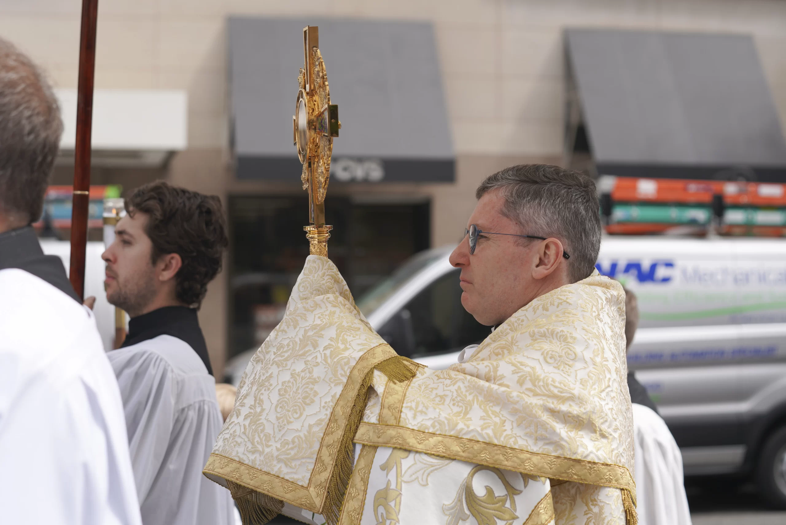 A few hundred Catholics marched through the streets of Washington, D.C., to publicly pray and adore the body of Christ during a eucharistic procession on Saturday, May 20, 2023. Credit: Joe Portolano/CNA