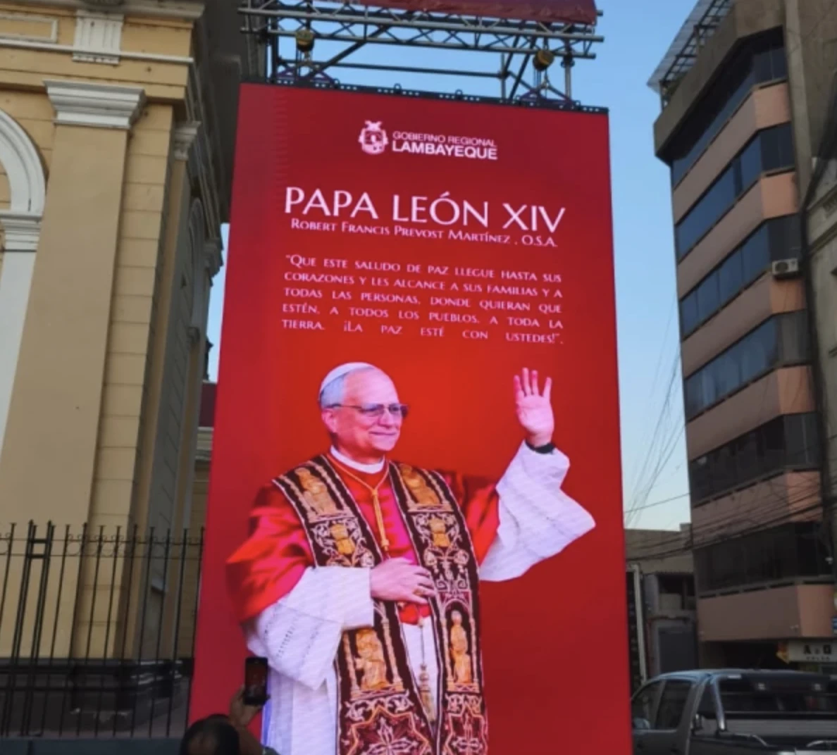 The cathedral was adorned with a giant banner of the pontiff, featuring a phrase from his first greeting in St. Peter's Square. Credit: Diego López Marina/EWTN News