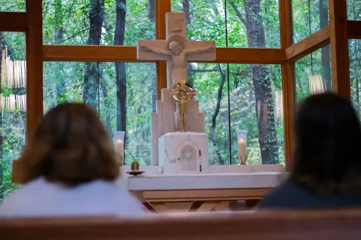 The Belmont Abbey College adoration chapel sits in the middle of campus and serves as a physical reminder that “Christ is the center of Belmont Abbey.”. Credit: Belmont Abbey College