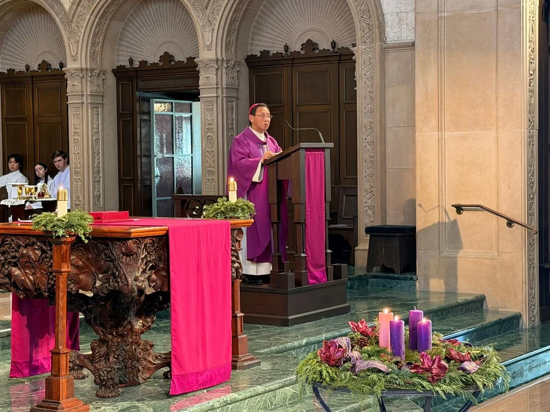 Bishop of San Diego Michael Pham dedicates “Angels Unawares,” a new sculpture on the campus of the University of San Diego, on Dec. 18, 2025. The 8-foot-tall bronze sculpture is a scaled version of one in St. Peter’s Square in Rome that was commissioned by Pope Francis in 2019. Credit: University of San Diego
