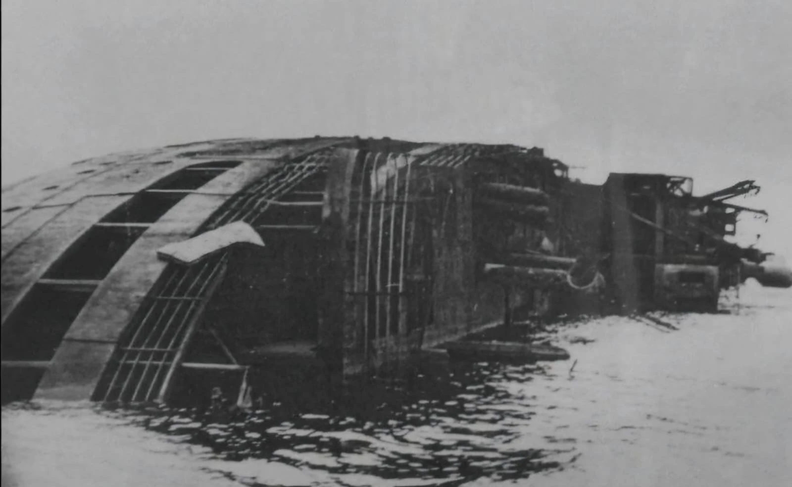 The ship Cap Arcona after British aircraft bombed it in the Gulf of Lübeck on May 3, 1945. The British military carried out an air raid on three German ships, identified as military targets possibly carrying fleeing SS soldiers. However, on board were thousands of concentration camp prisoners. Nearly 7,000 people perished. Credit: Photo courtesy of Father Piotr Wiśniowski
