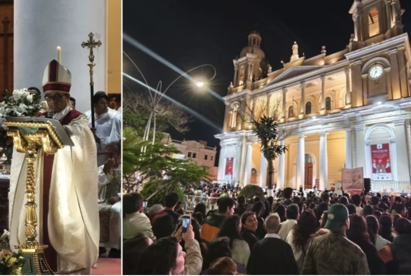 Chiclayo Bishop Edinson Farfán (left) presides over a celebration of a Mass of thanksgivining on May 10, 2025. Credit: Diego López Marina/EWTN News
