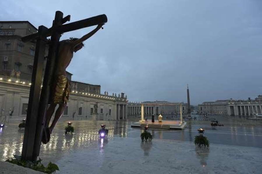 Pope Francis speaks in an empty St. Peter's Square during a holy hour and extraordinary Urbi et Orbi blessing, March 27, 2020.  Vatican Media/CNA