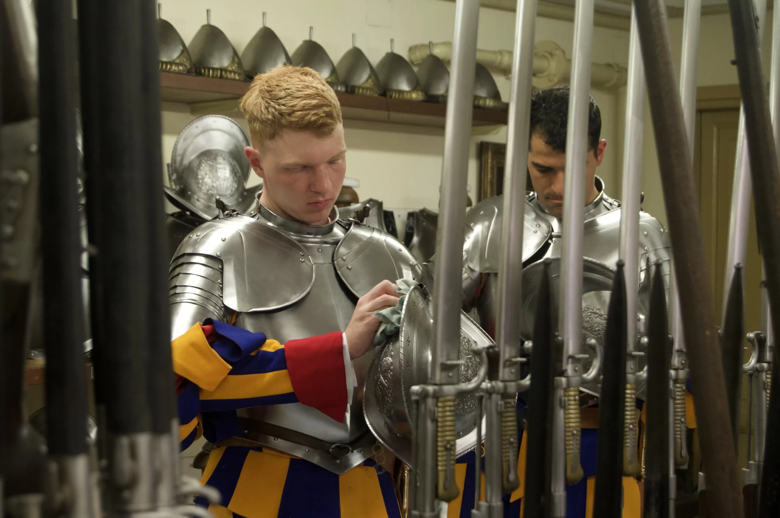 Swiss Guard cadets inspect their armor in their barracks at the Vatican on April 30, 2024. Credit: Matthew Santucci/CNA