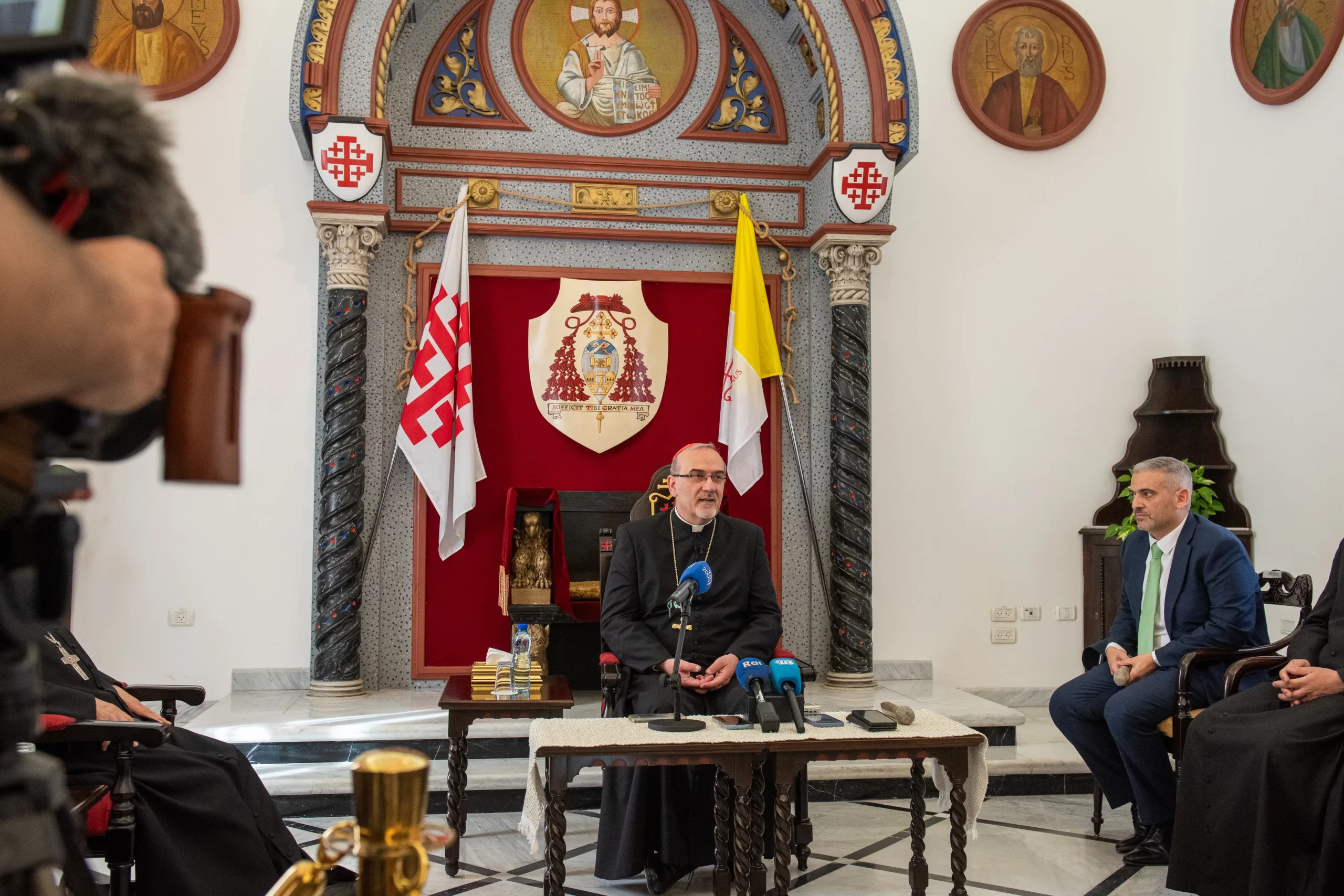 Cardinal Pierbattista Pizzaballa, Latin Patriarch of Jerusalem, during the May 20, 2024, press briefing with a small group of journalists at the Latin Patriarchate headquarters about his recent visit to visit the Catholic community in Gaza from May, 15-19, 2024. Credit: Marinella Bandini