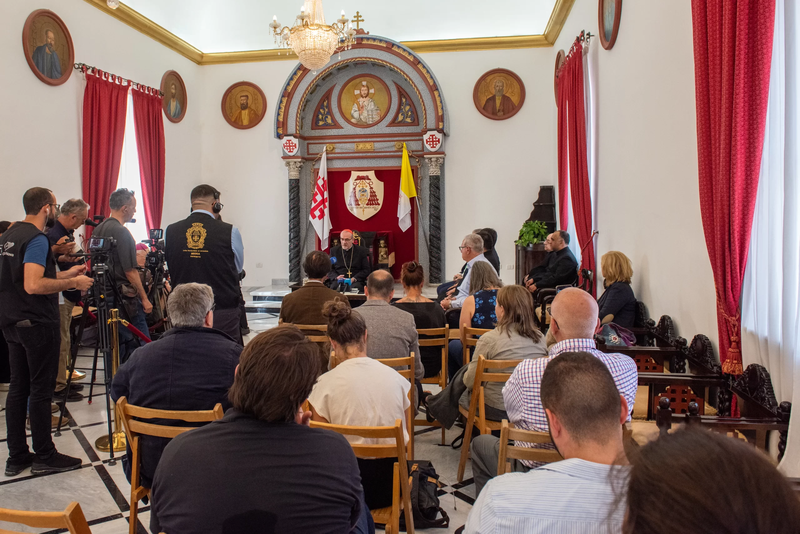 Cardinal Pierbattista Pizzaballa, Latin patriarch of Jerusalem, speaks during a May 20, 2024, press briefing with a small group of journalists at the Latin Patriarchate headquarters about his recent visit to the Catholic community in Gaza. Credit: Marinella Bandini