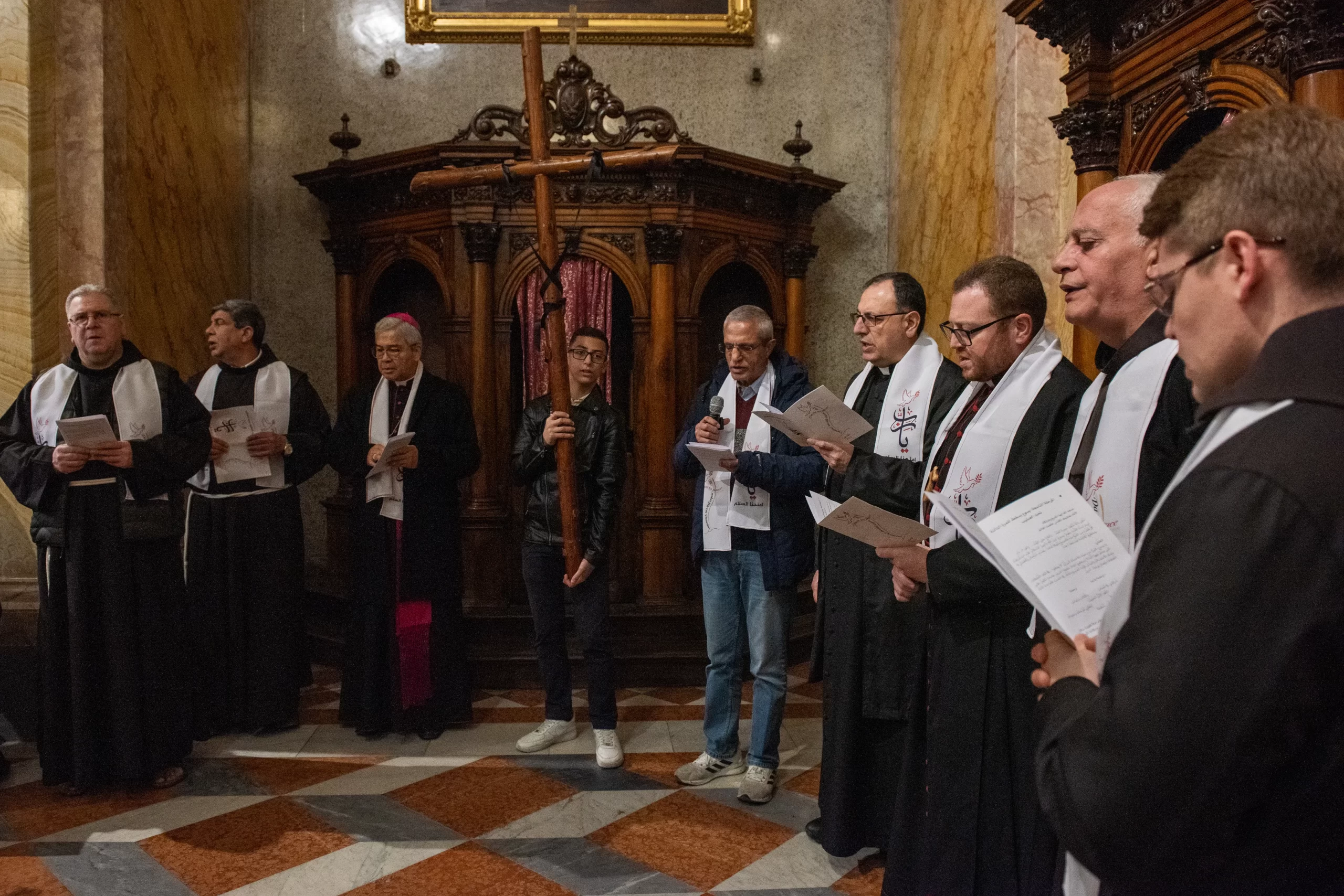 The Way of the Cross for Christian school students in Jerusalem, held on Friday, Feb. 23, 2024, arrives at the Franciscan Church of St. Savior. Stations 9 through 14 took place in the church. Credit: Marinella Bandini