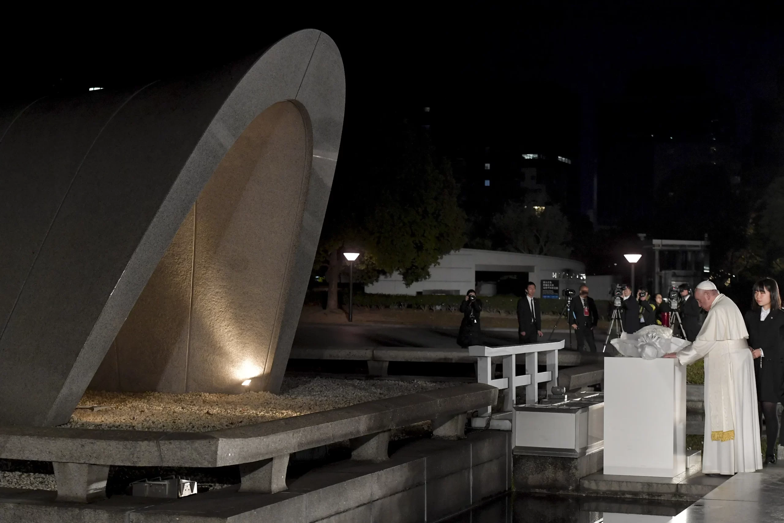 Pope Francis at the Hiroshima Peace Memorial on Nov. 24, 2019, during his apostolic visit to Japan. Vatican Media