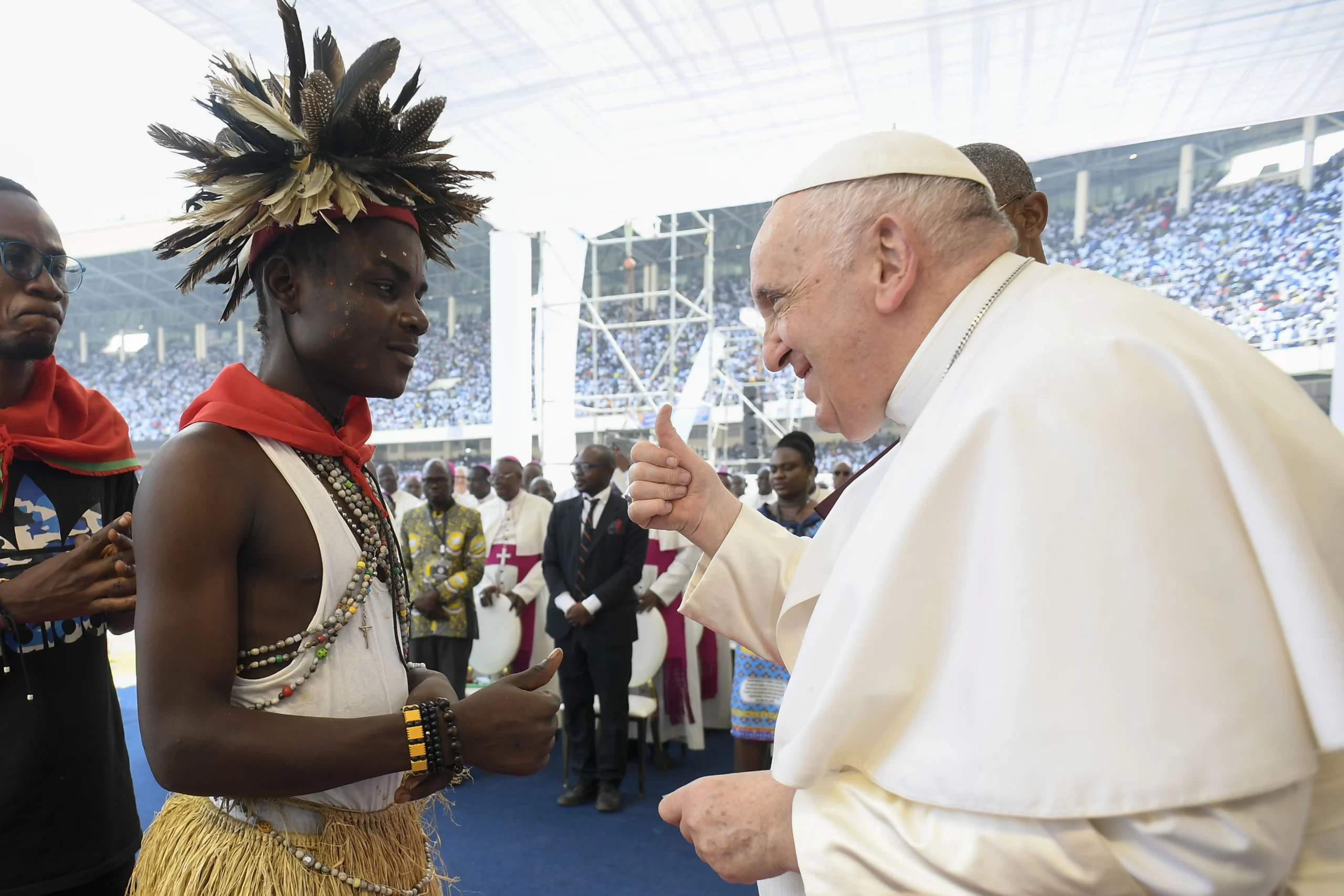 Pope Francis interacted with an energetic crowd of 65,000 young adults and catechists at Martyrs' Stadium in Kinshasa, Democratic Republic of Congo, on Feb. 2, 2023. Vatican Media