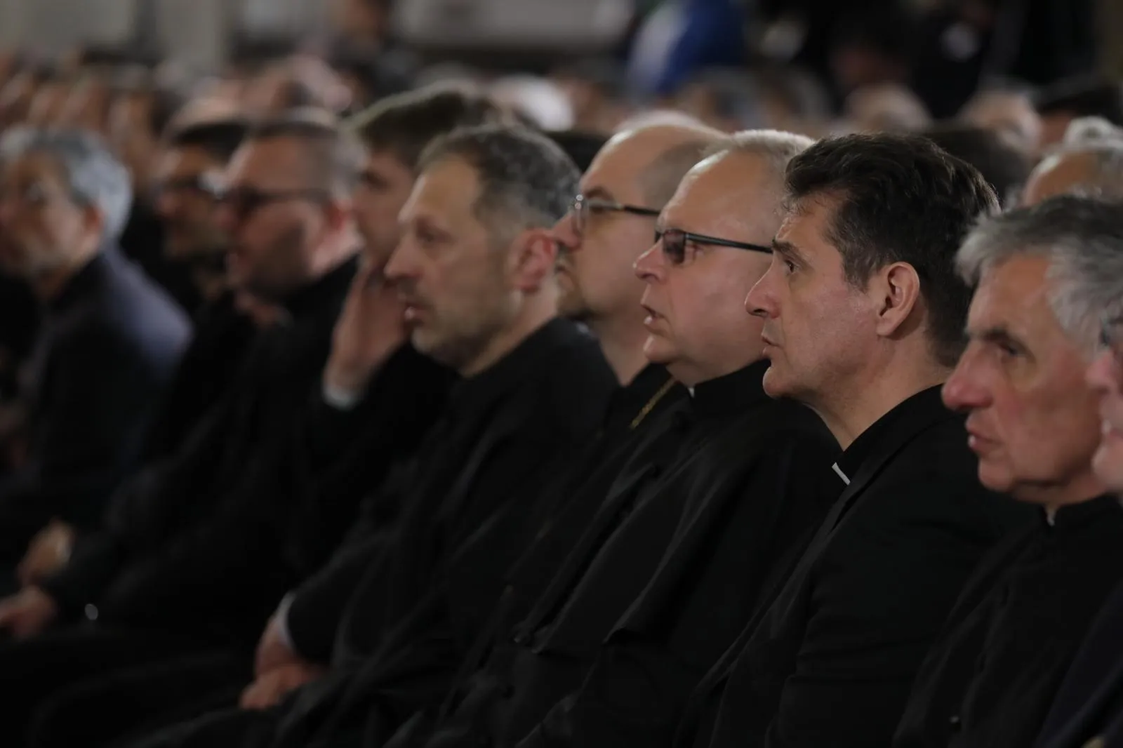 The crowd listens to a speech by Pope Francis to bishops, priests, deacons, consecrated persons, seminarians, and pastoral workers in St. Stephen's Co-Cathedral in Budapest, Hungary, April 28, 2023. Credit: Daniel Ibañez/CNA