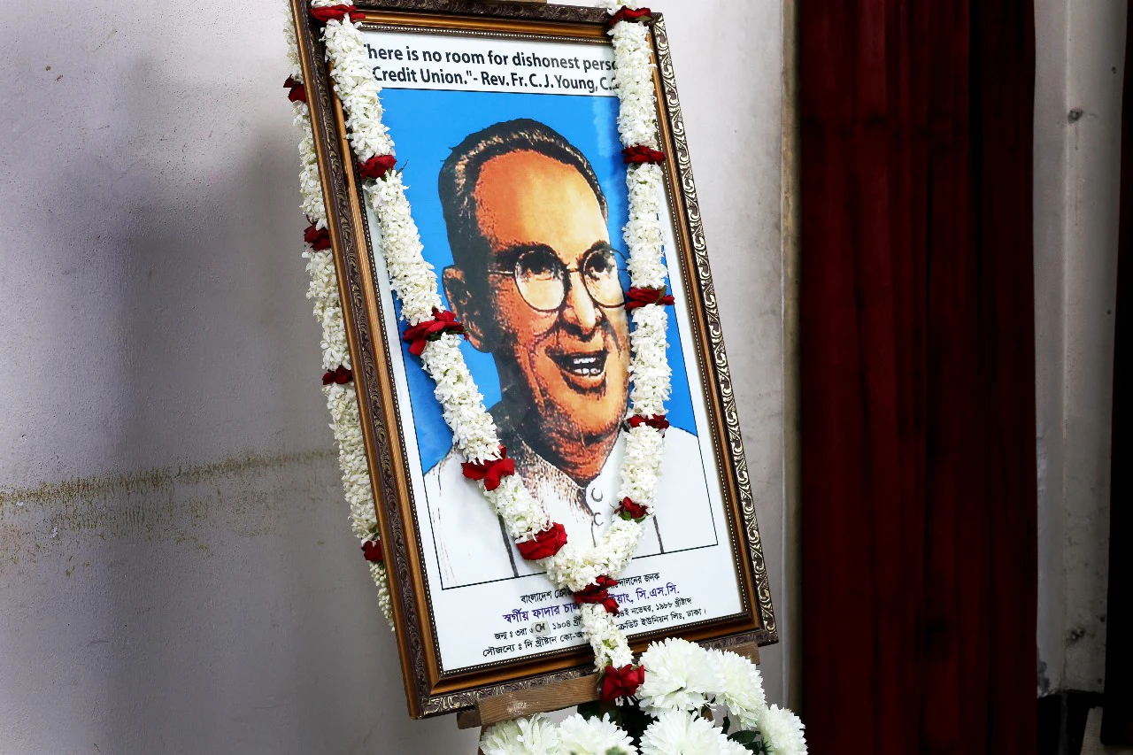 This sketch of Father Charles Joseph Young adorns almost every Christian Cooperative Credit Union in Bangladesh. Young is called "the father of cooperatives" in Bangladesh. Credit: Stephan Uttom Rozario