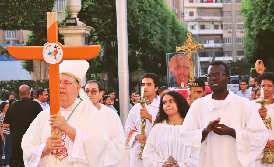 The August 2025 jubilee days opened with a celebratory Mass at St. Catherine’s Cathedral in Alexandria, presided over by Bishop Claudio Lurati, the apostolic vicar of the Latins in Egypt, and marked by the reception of the relics of Blessed Carlo Acutis. Credit: Photo courtesy of the Apostolic Vicariate of the Latins in Egypt