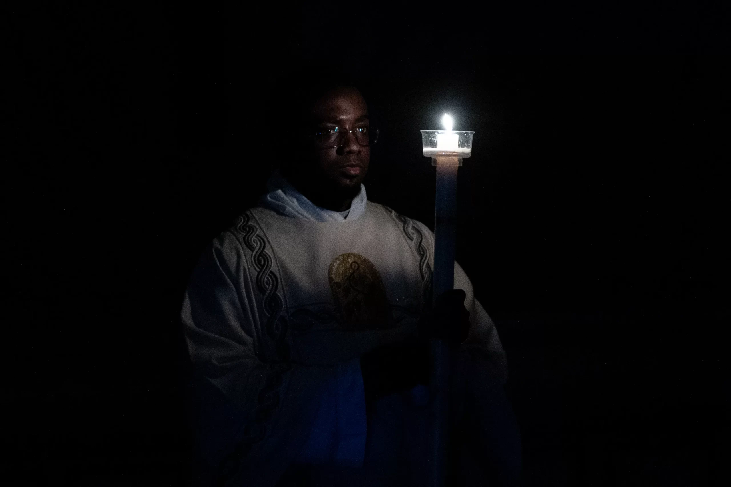 The paschal candle is processed at the Vatican's Easter Vigil, Saturday, March 30, 2024. Daniel Ibanez/CNA