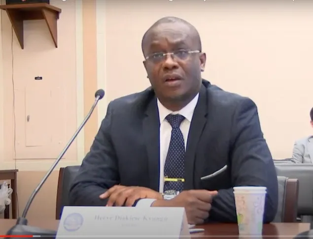 Congolese civil rights attorney Hervé Diakiese Kyungu testifying on July 14, 2022, at a congressional hearing in Washington, D.C. on the use of child labor in China-backed cobalt mines in the Democratic Republic of Congo. Screenshot from YouTube video