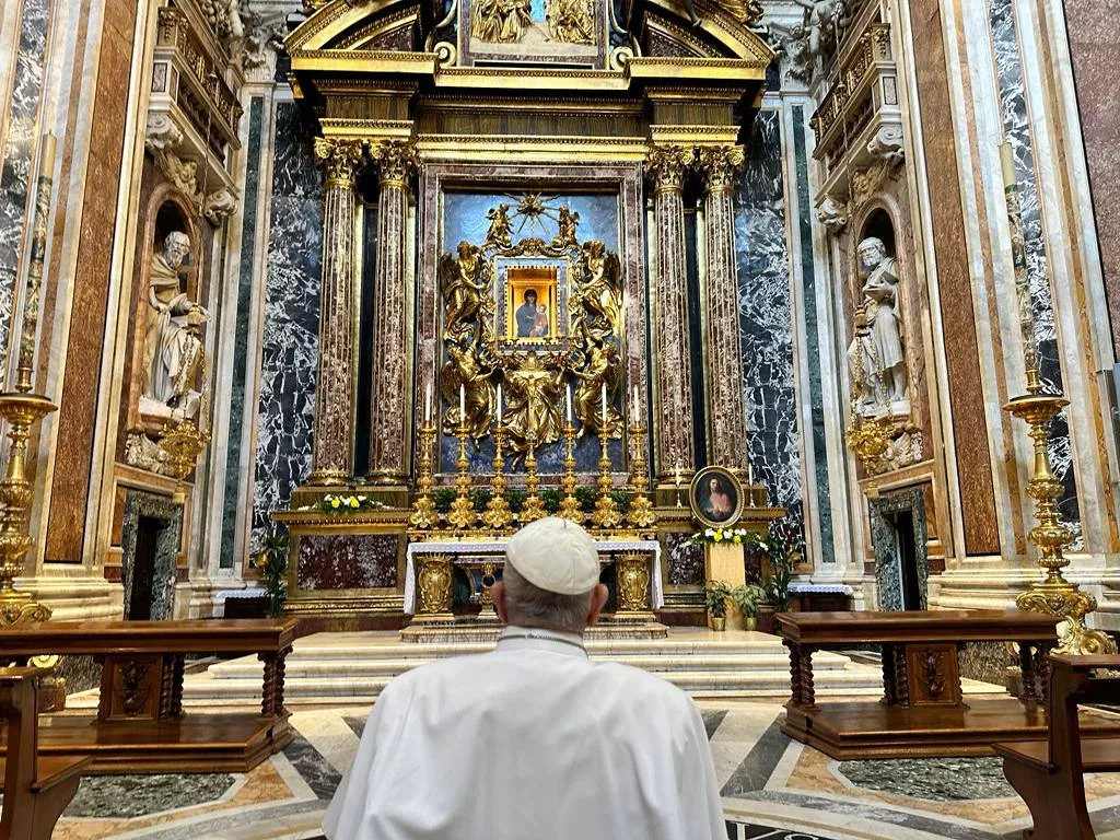 Pope Francis stopped for a moment of prayer before the historic Marian icon of Salus Populi Romani at St. Mary Major Basilica after being discharged from Rome's Gemelli Hospital on the morning of June 16, 2023. Vatican Media.