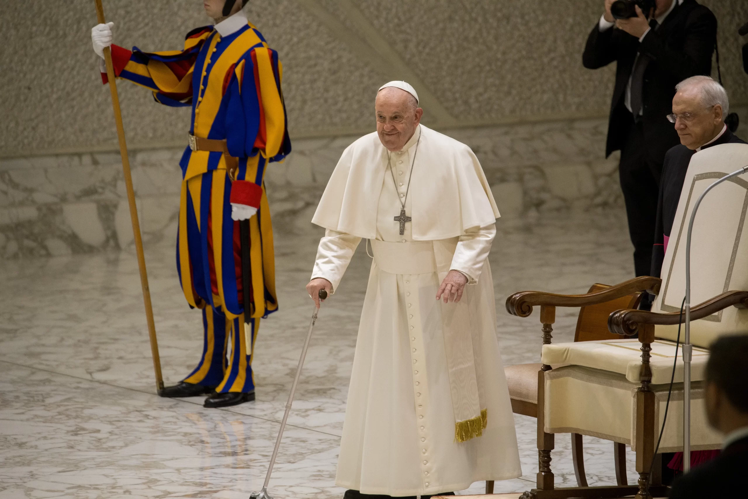 Pope Francis smiles at pilgrims attending his weekly general audience in the Paul VI Audience Hall on May 1, 2024. Credit: Elizabeth Alva/CNA